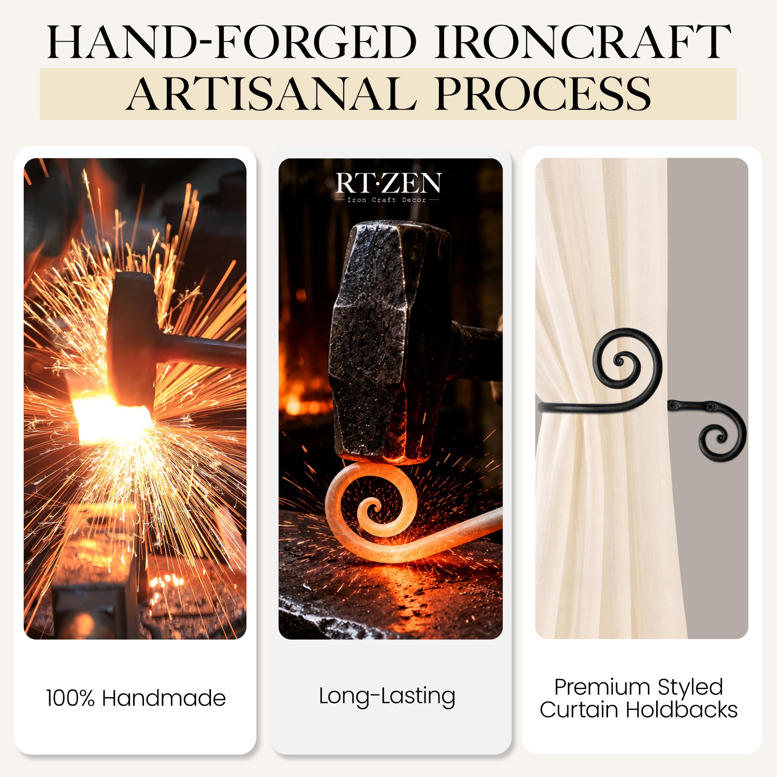 Black Swirly Curtain Holdbacks, Hand-Forged Wrought Iron Tiebacks - Image 3