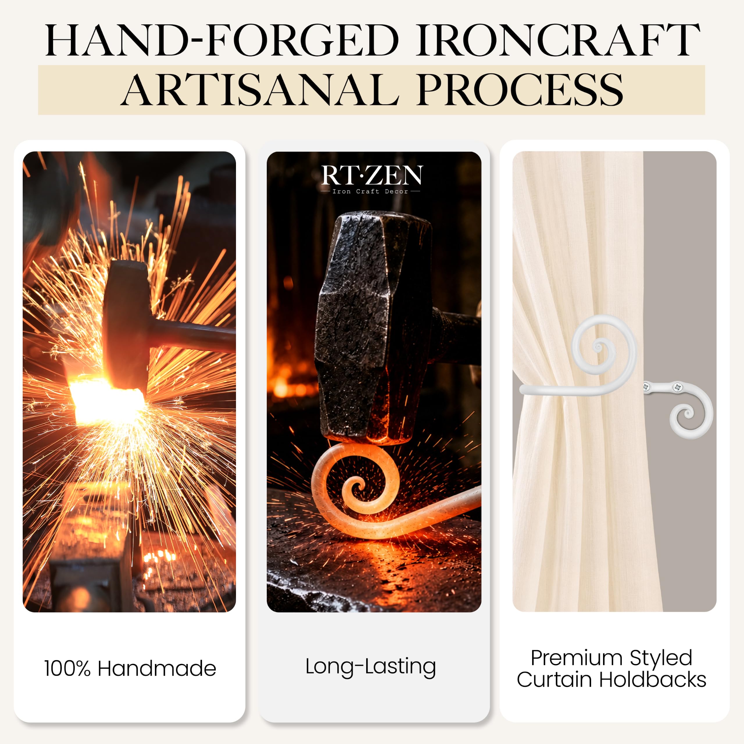 White Swirly Curtain Holdbacks, Hand-Forged Wrought Iron Tiebacks - Image 3