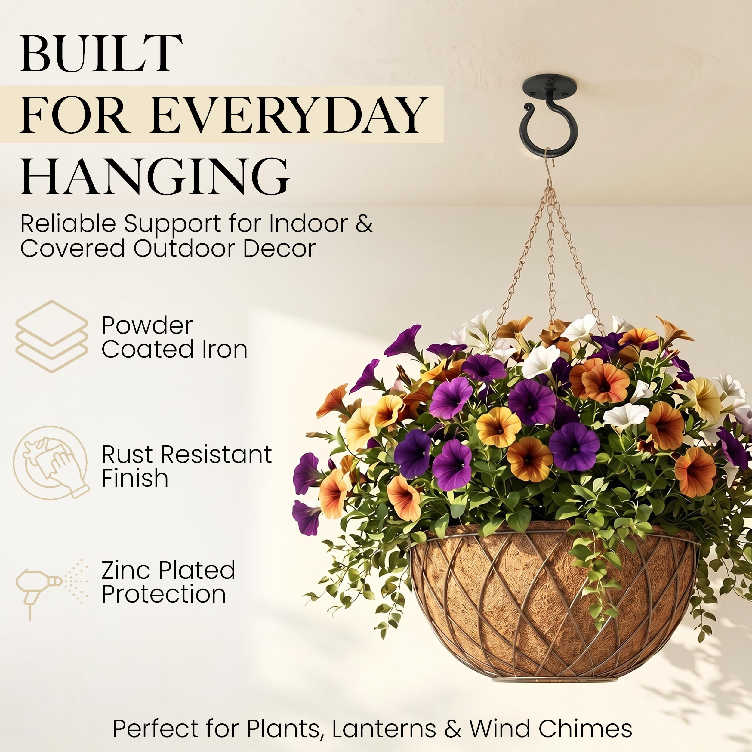 Black Ceiling Hooks Wrought Iron Plant Hanger 2 Pack - Image 3