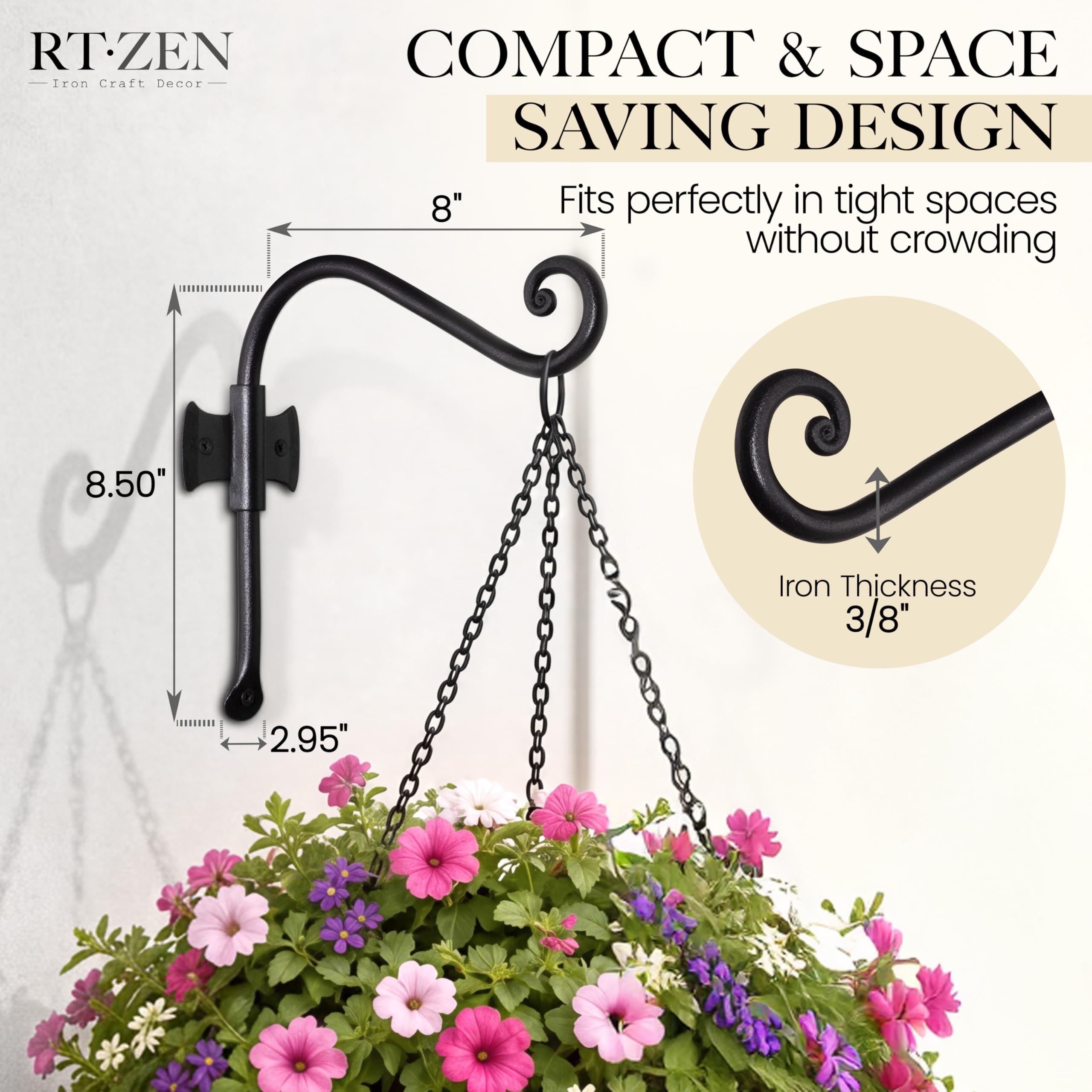 Black Curved Hooks 8" Wrought Iron Wall Mounted Plant Hanger 2 Pack - Image 2