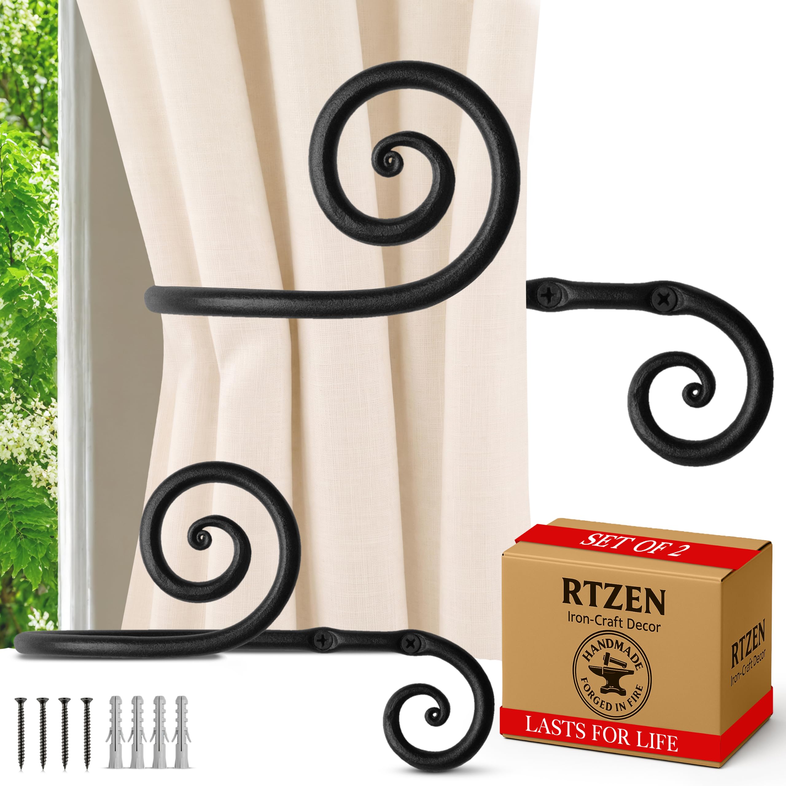 Black Swirly Curtain Holdbacks, Hand-Forged Wrought Iron Tiebacks
