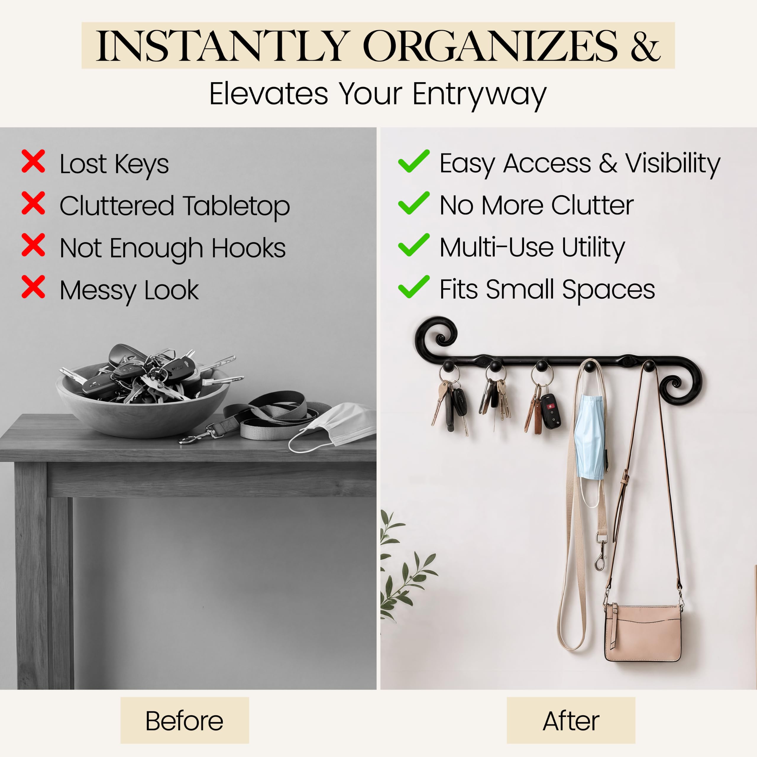 Black Classic Wall Mounted Key Holder with 5 Hooks - Image 4