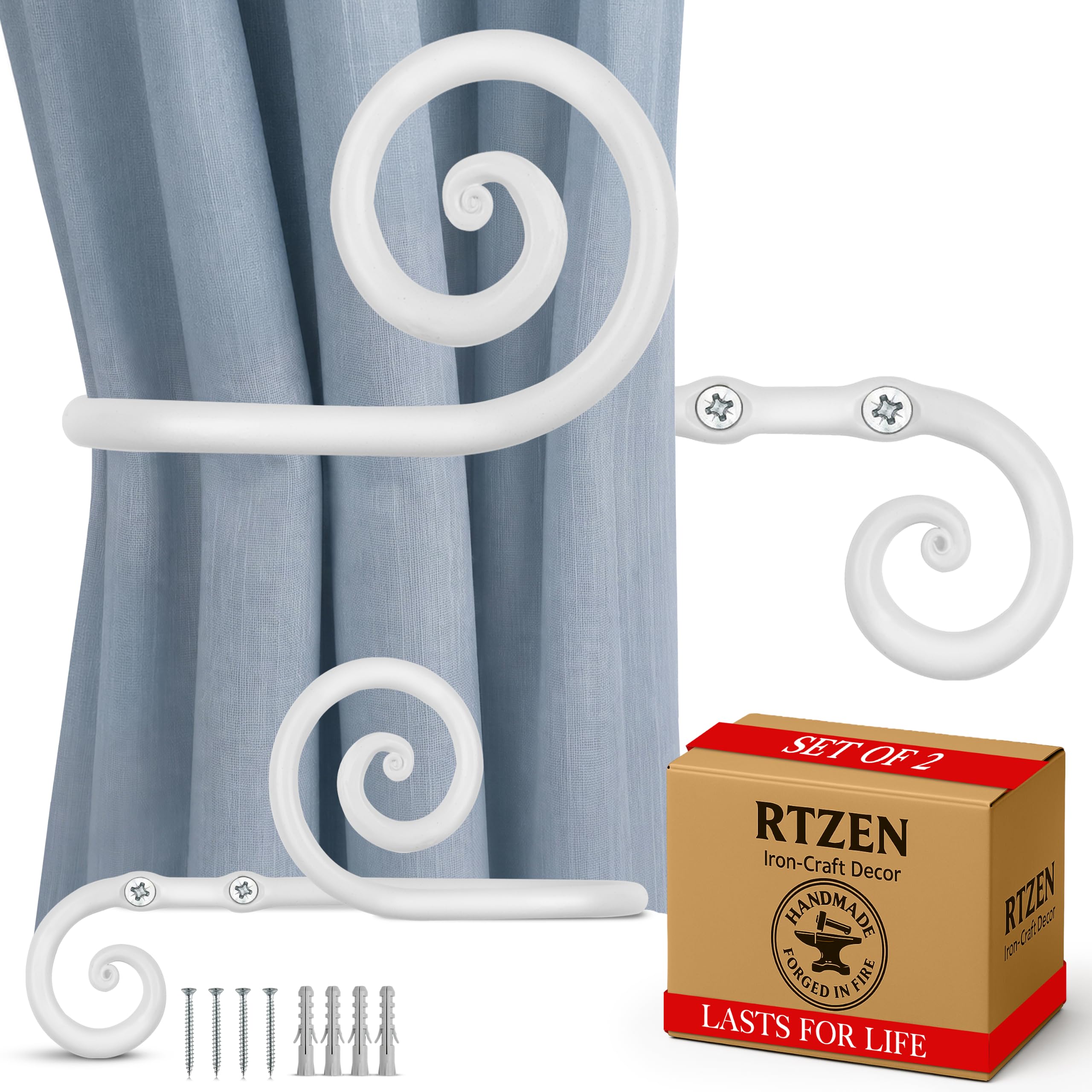 White Swirly Curtain Holdbacks, Hand-Forged Wrought Iron Tiebacks