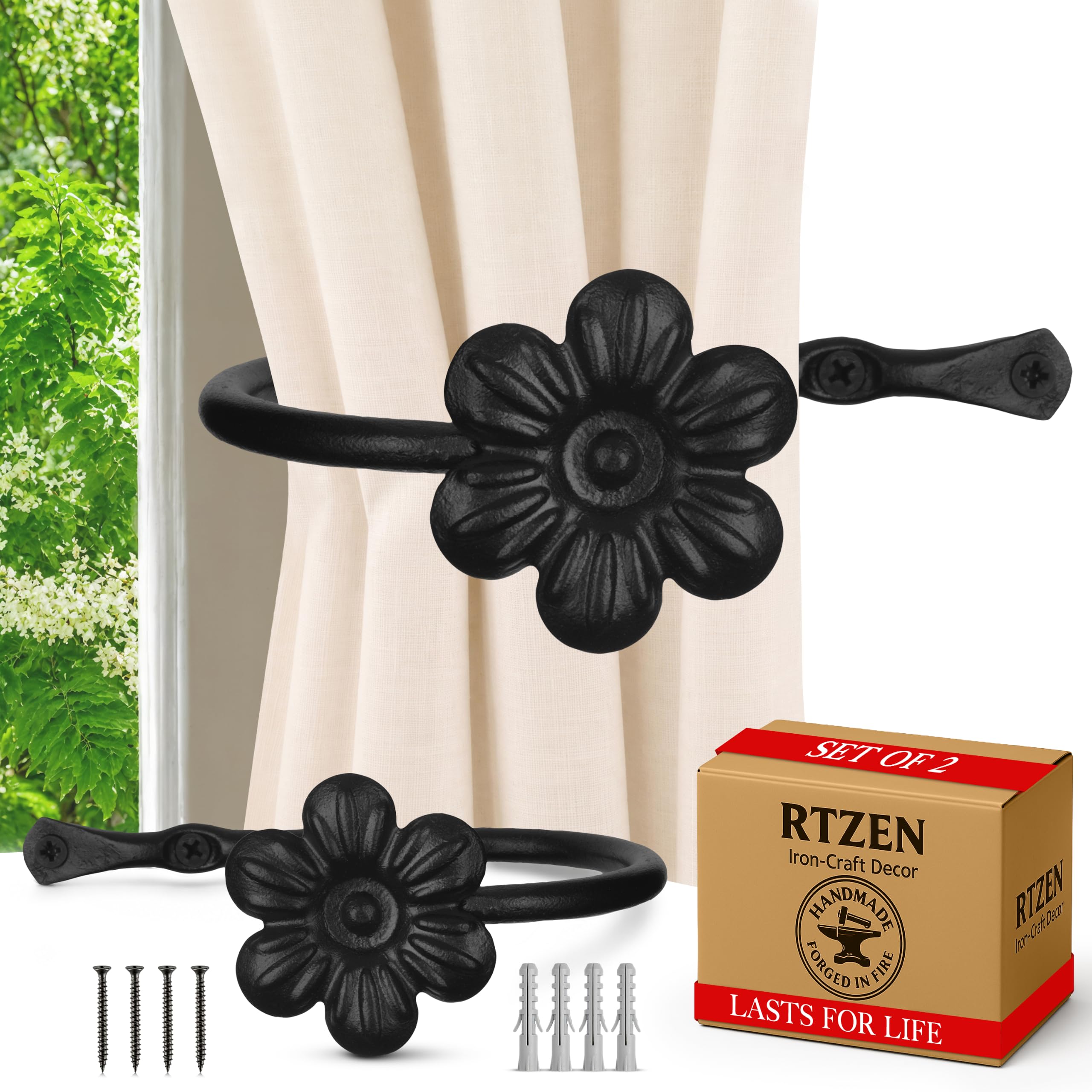 Black Flower Curtain Holdbacks, Hand-Forged Wrought Iron Tiebacks