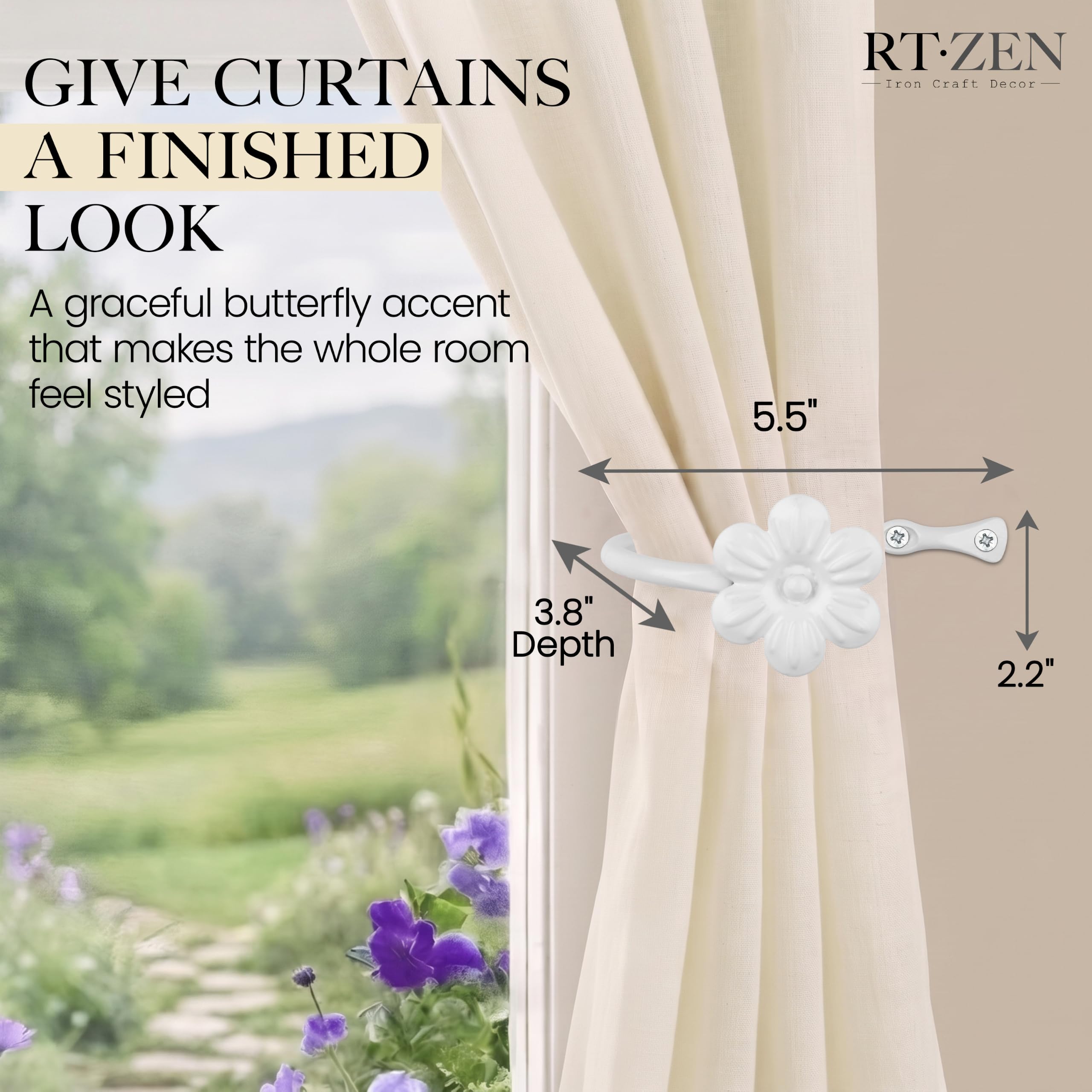 White Flower Curtain Holdbacks, Hand-Forged Wrought Iron Tiebacks - Image 2