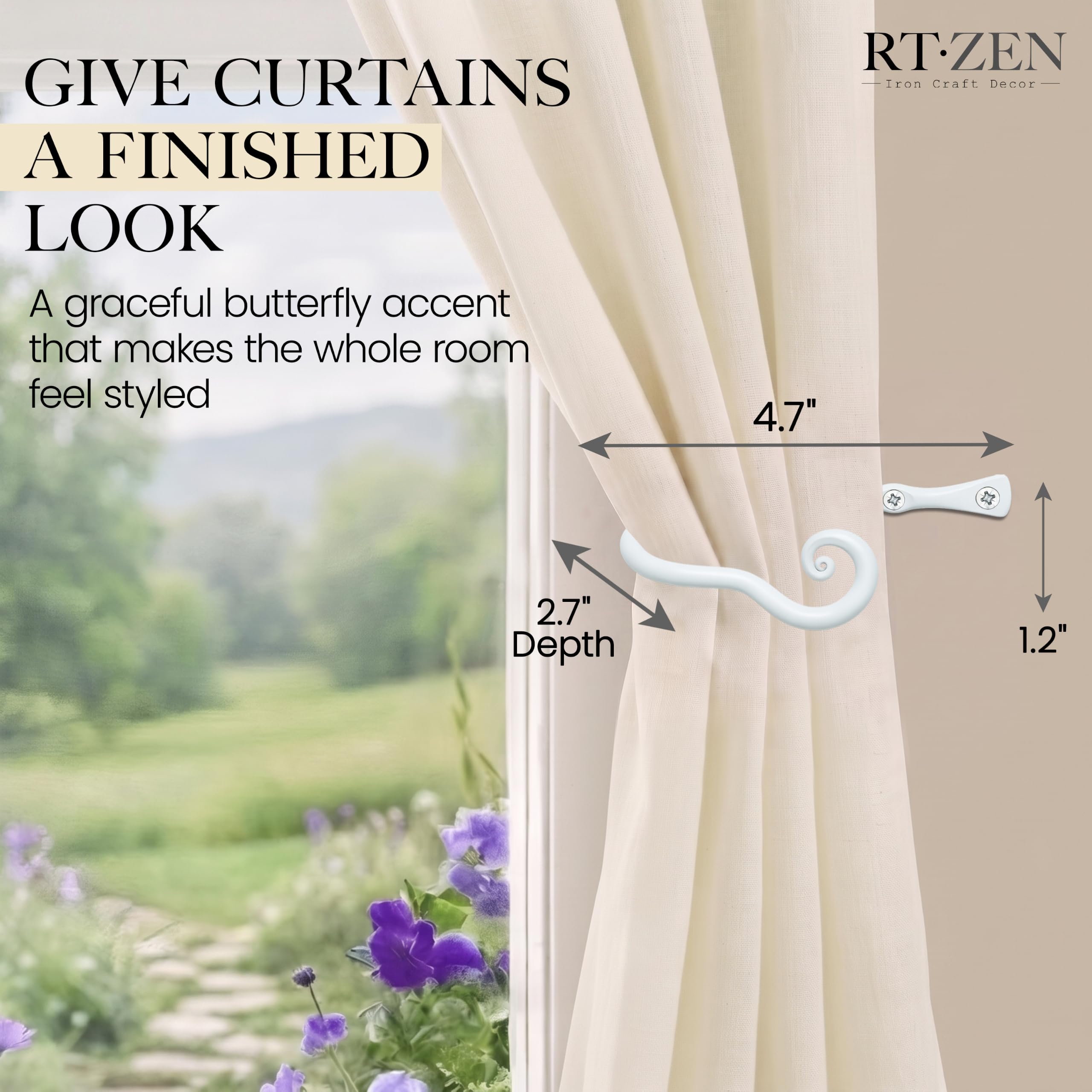 White Classic Curtain Holdbacks, Hand-Forged Wrought Iron Tiebacks - Image 2