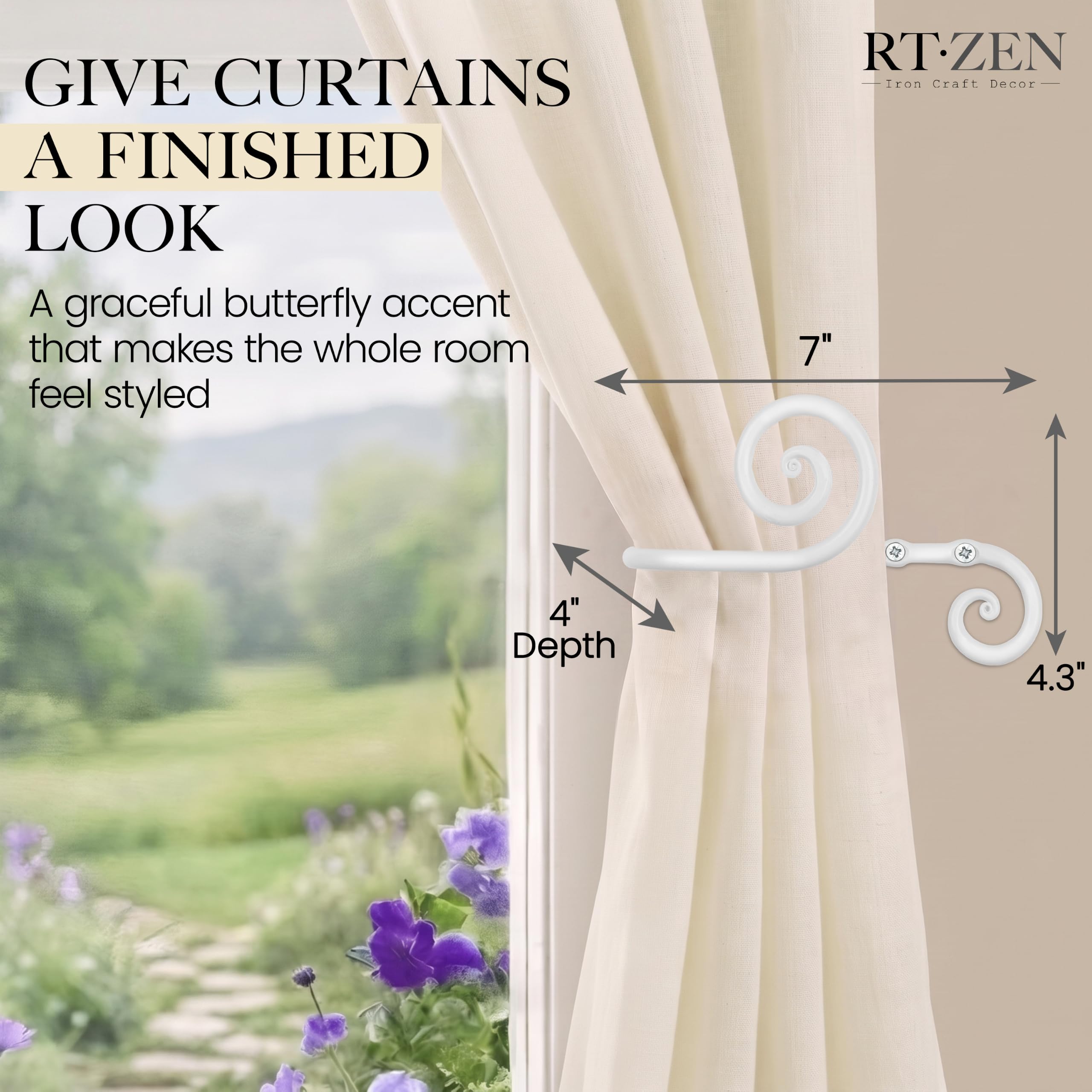 White Swirly Curtain Holdbacks, Hand-Forged Wrought Iron Tiebacks - Image 2