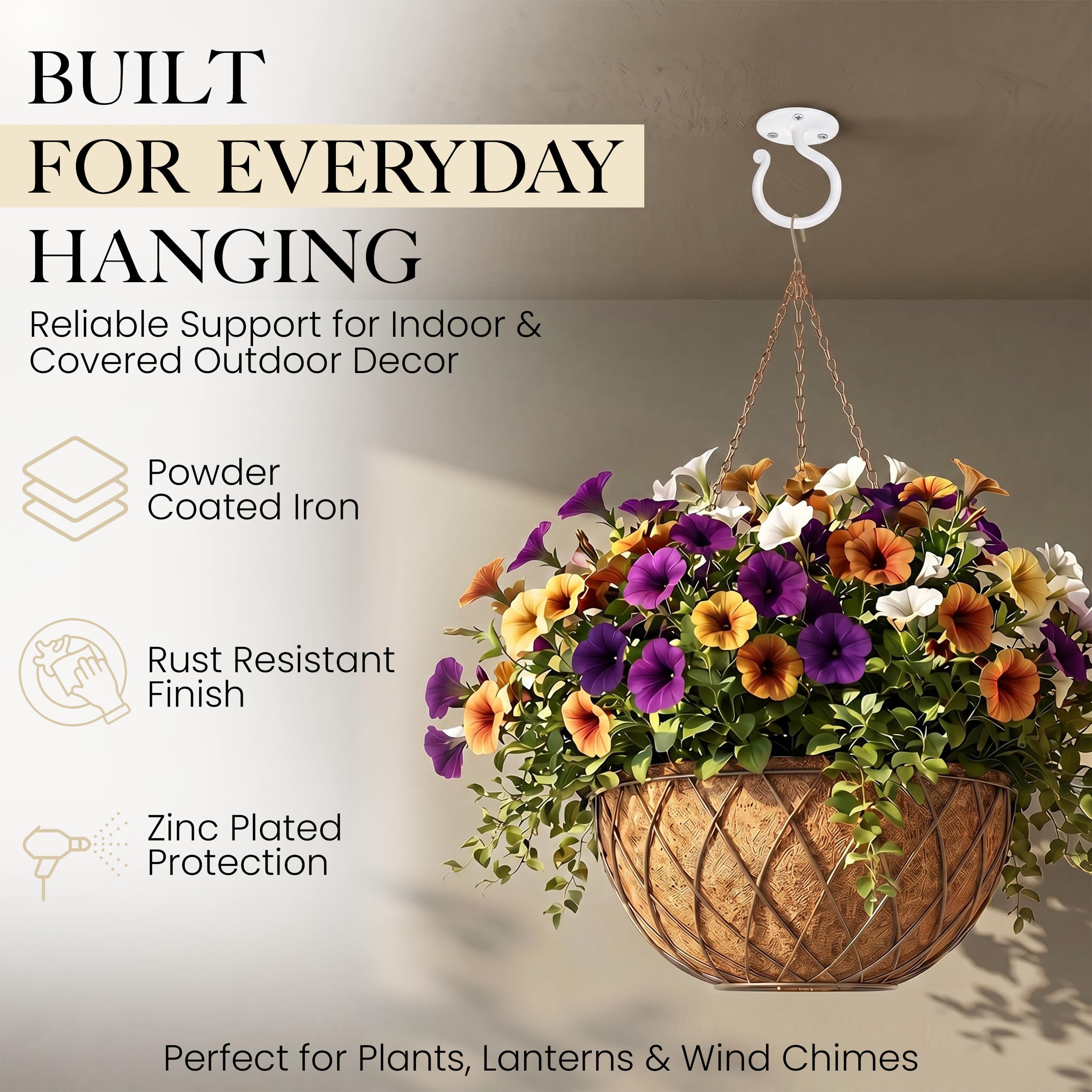 White Ceiling Hooks Wrought Iron Plant Hanger 2 Pack - Image 4