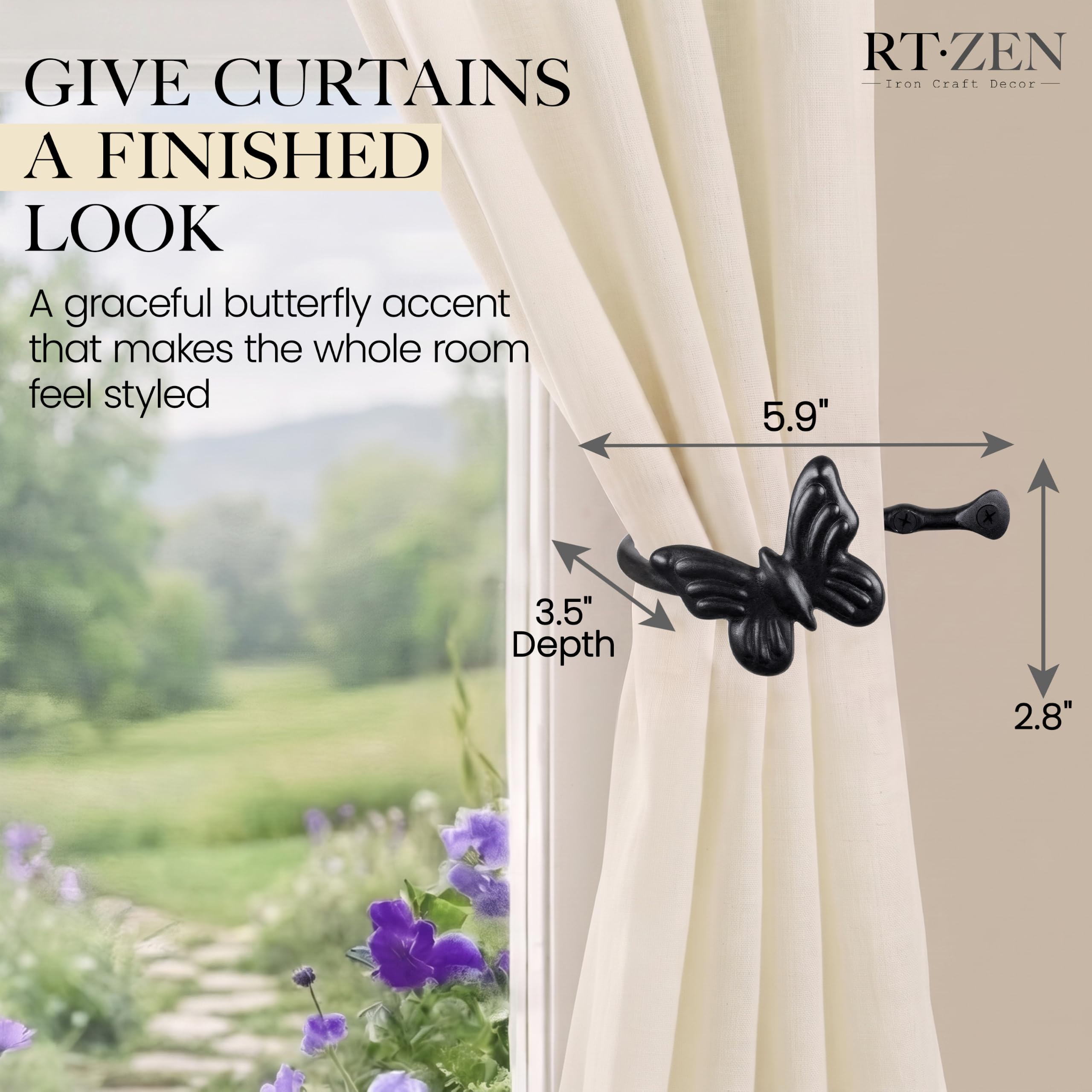 Black Butterfly Curtain Holdbacks, Hand-Forged Wrought Iron Tiebacks - Image 2