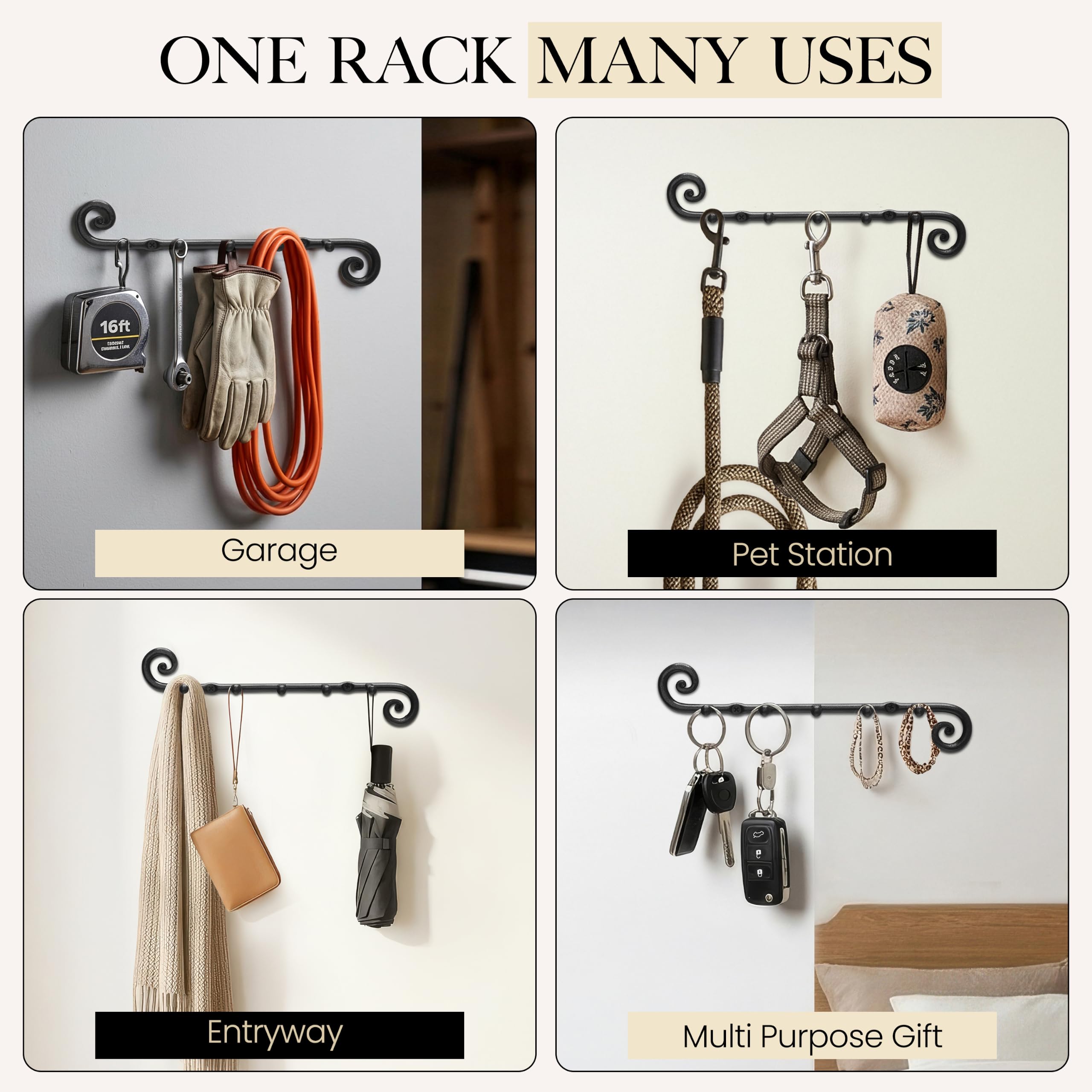Black Classic Wall Mounted Key Holder with 5 Hooks - Image 5