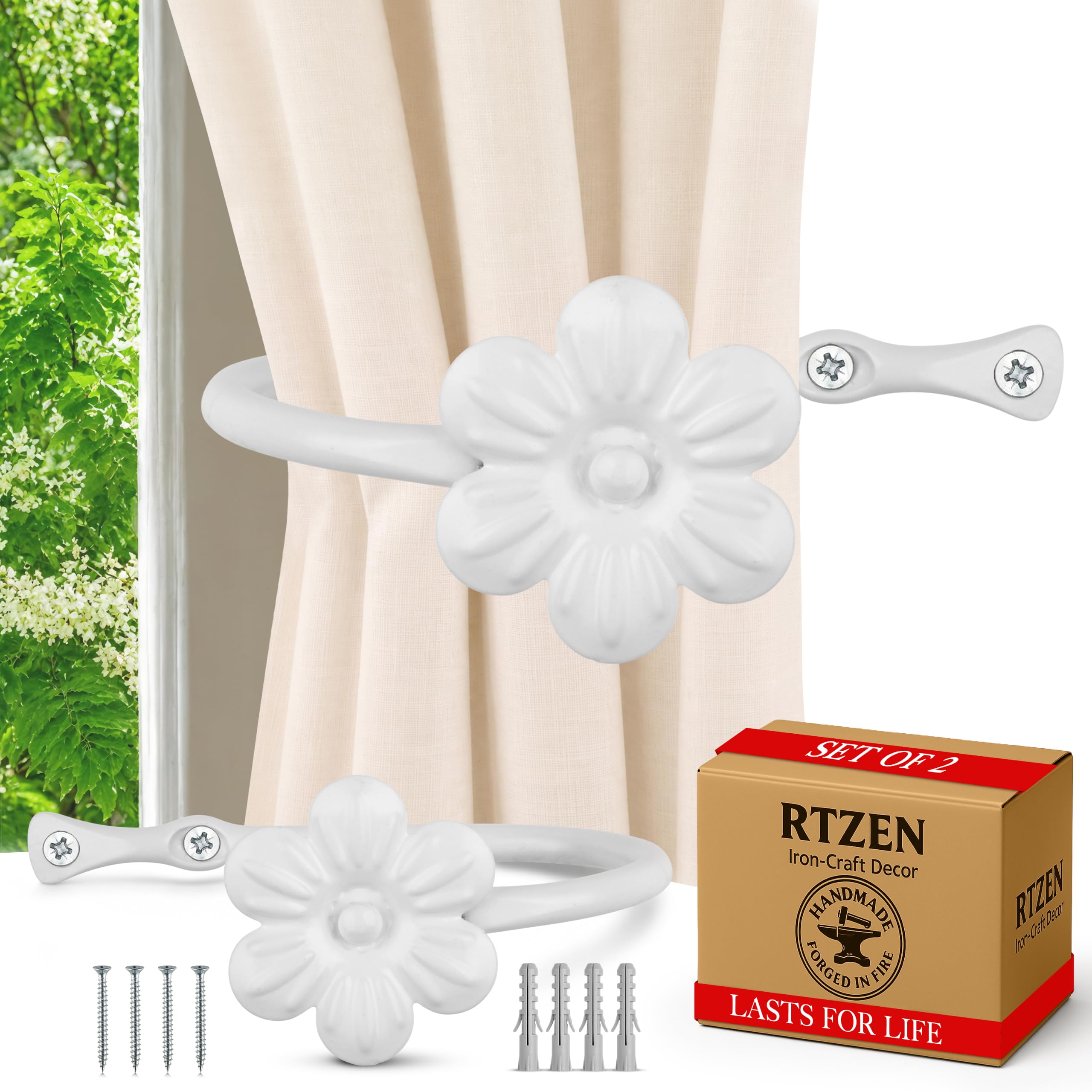 White Flower Curtain Holdbacks, Hand-Forged Wrought Iron Tiebacks