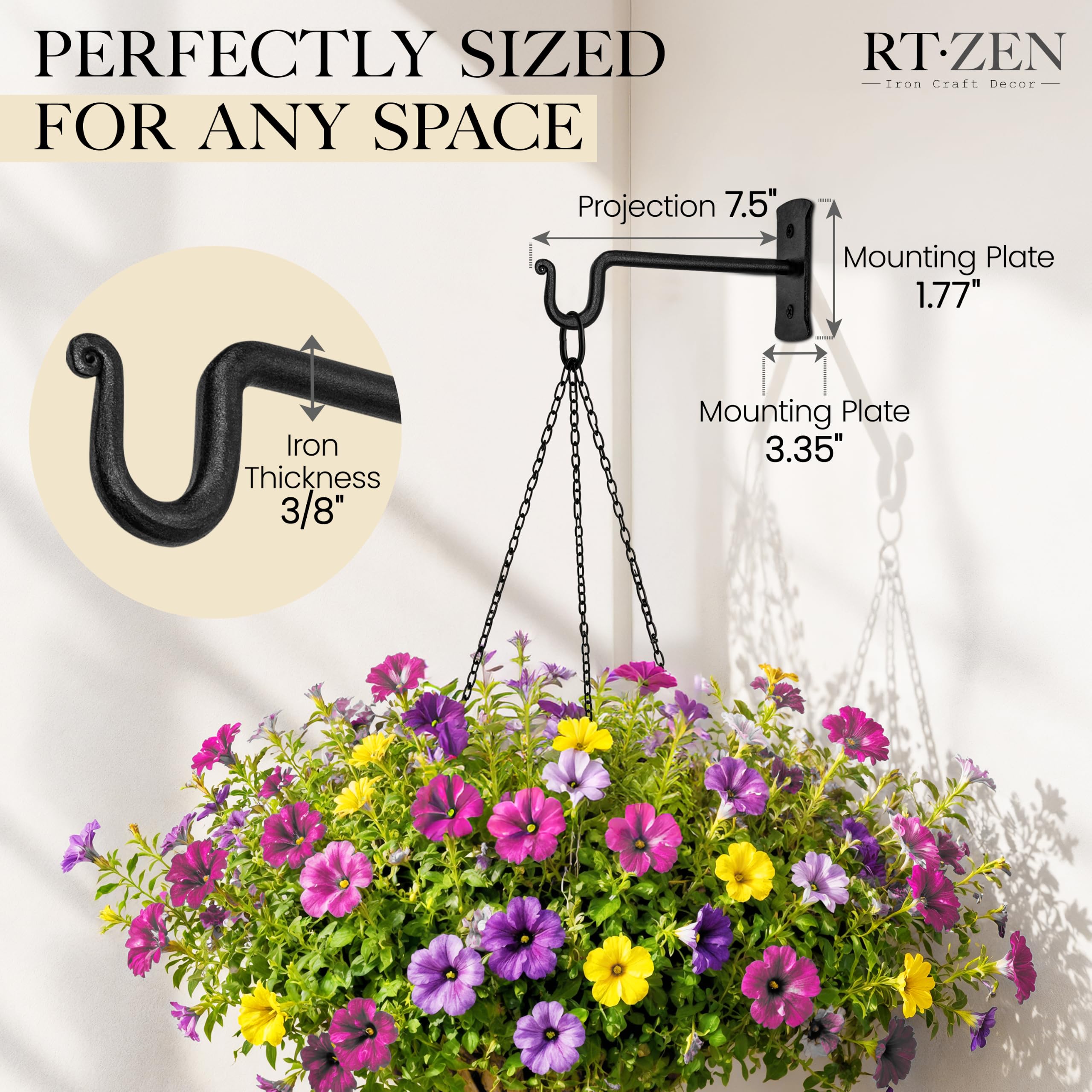 Black Shepherd’s Hooks (7.5") Wrought Iron Wall Mounted Plant Hanger 2 Pack - Image 2