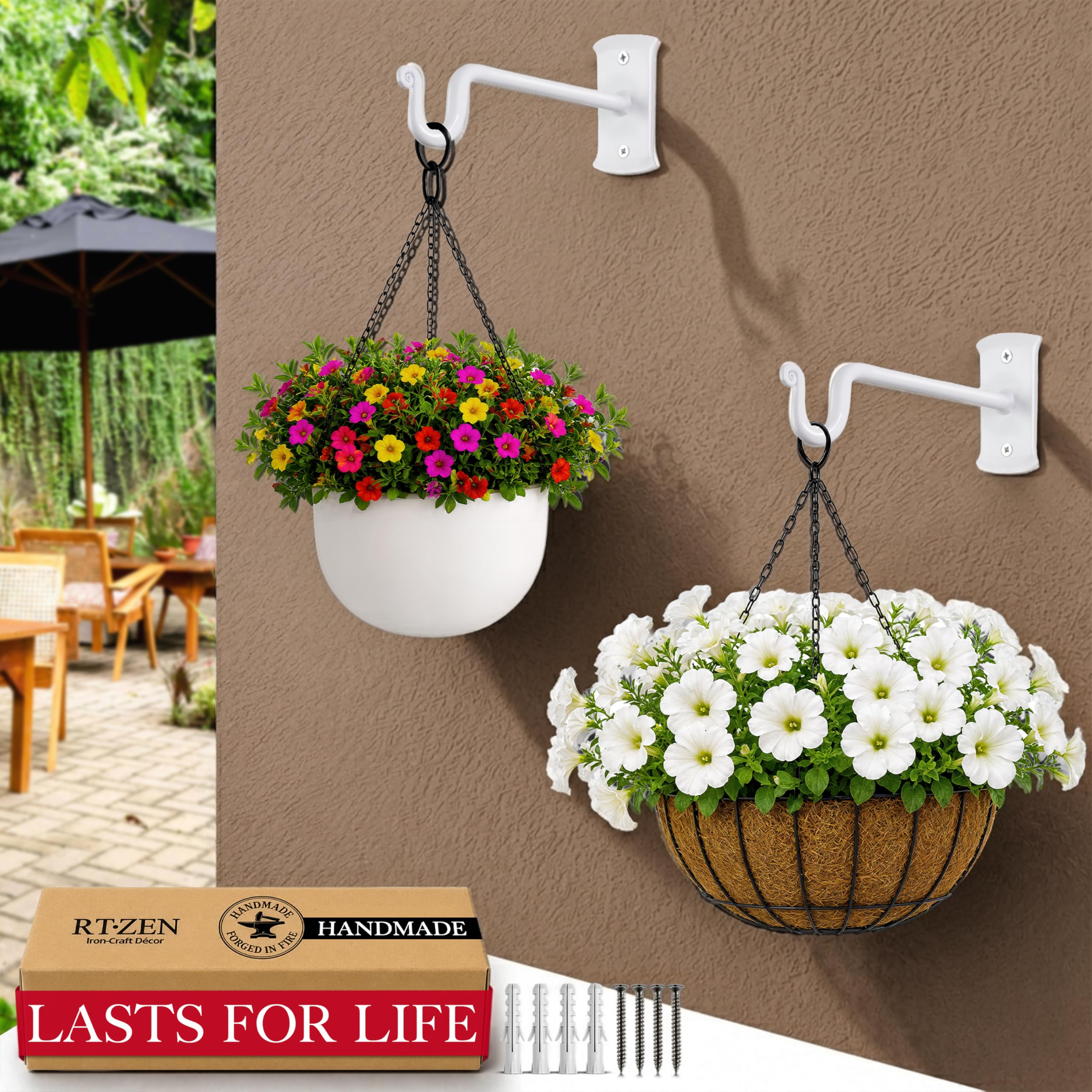 White Shepherd’s Hooks (7.5") Wrought Iron Wall Mounted Plant Hanger 2 Pack - Image 7