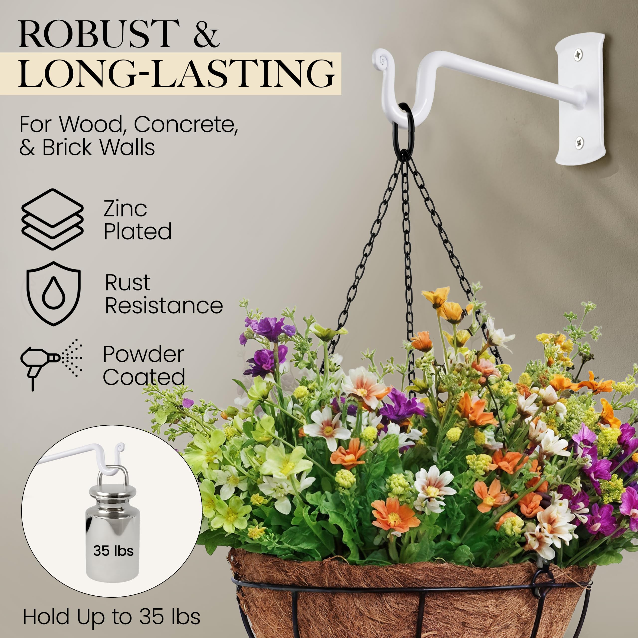 White Shepherd’s Hooks (7.5") Wrought Iron Wall Mounted Plant Hanger 2 Pack - Image 4