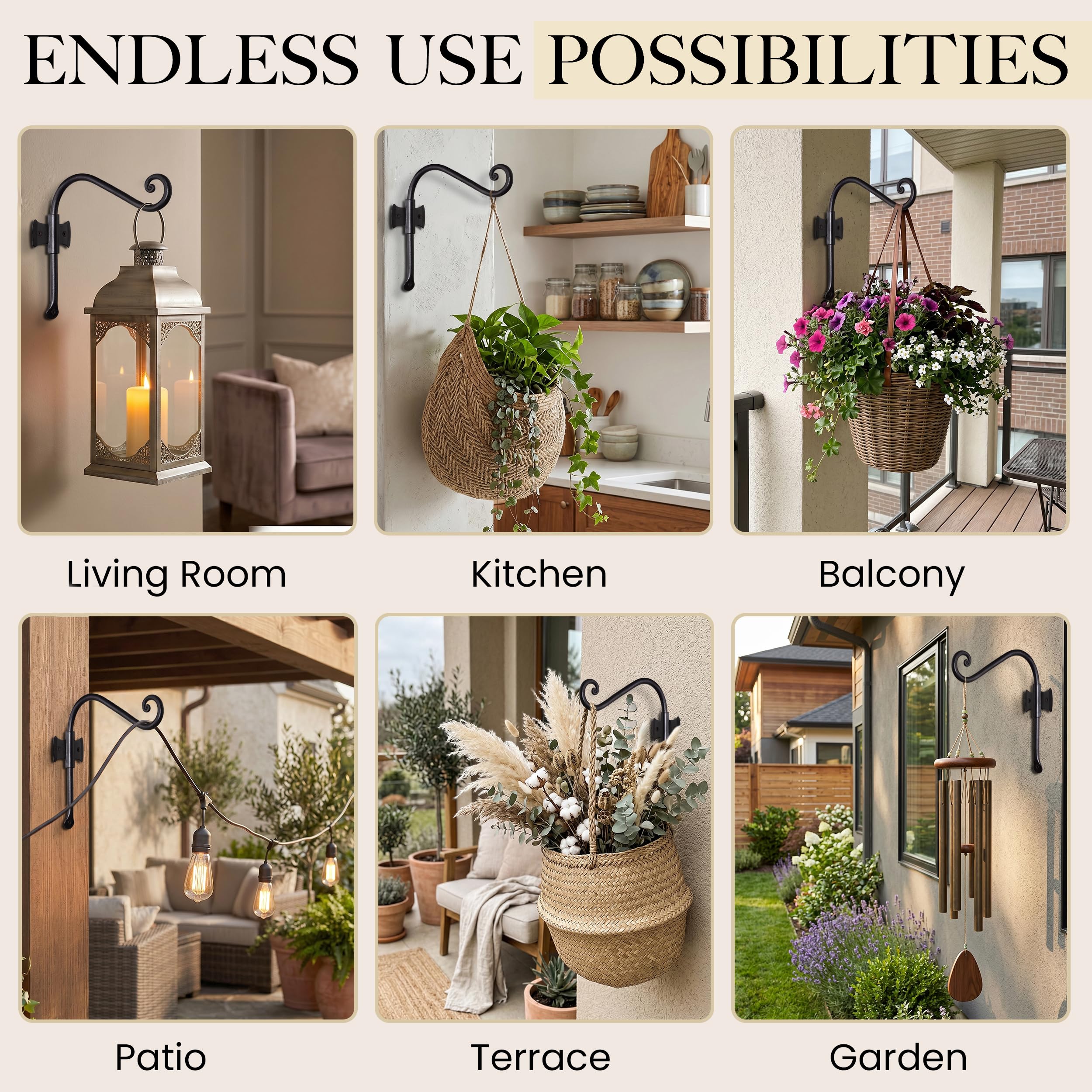 Black Curved Hooks 8" Wrought Iron Wall Mounted Plant Hanger 2 Pack - Image 6