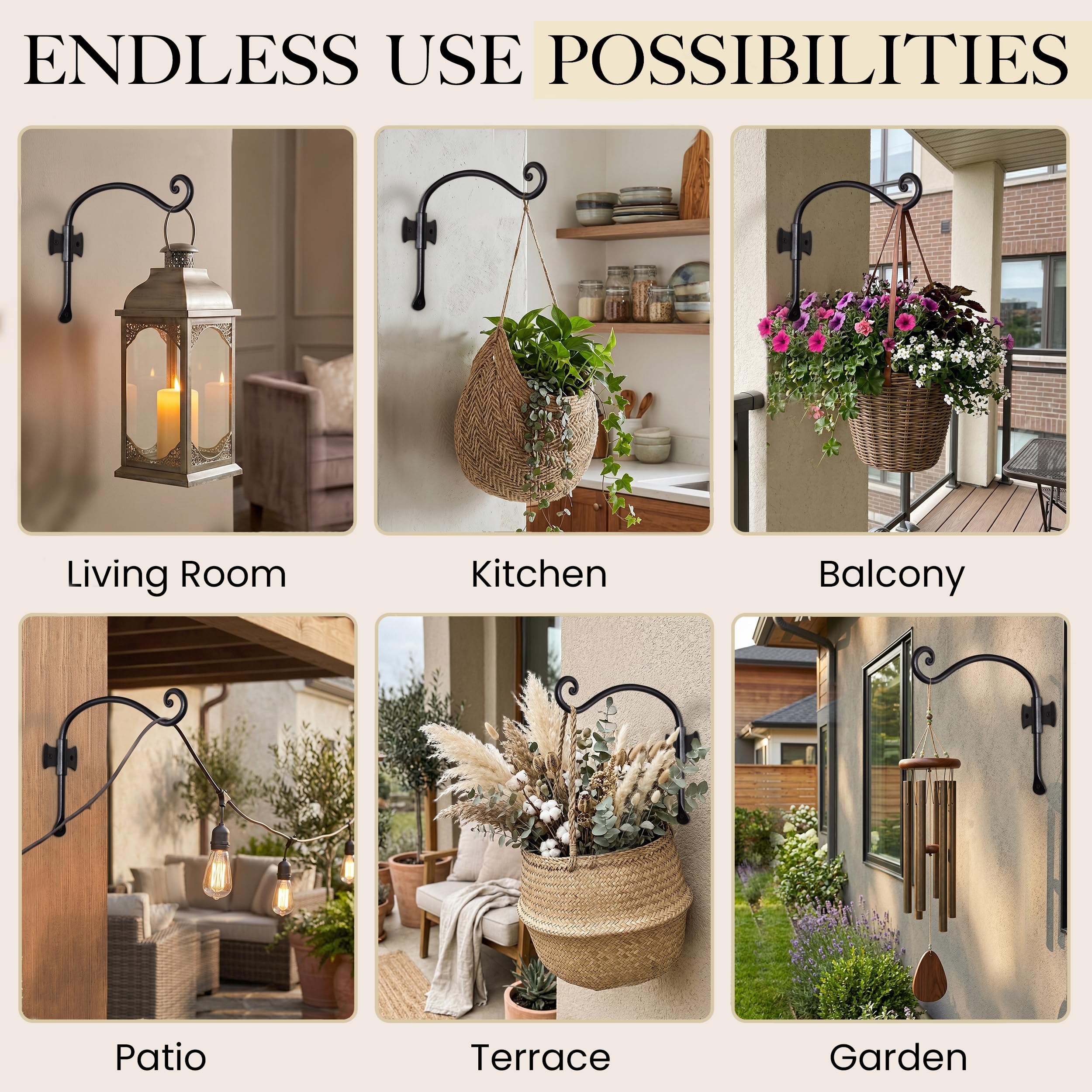 Black Curved Hooks 10" Wrought Iron Wall Mounted Plant Hanger 2 Pack - Image 6