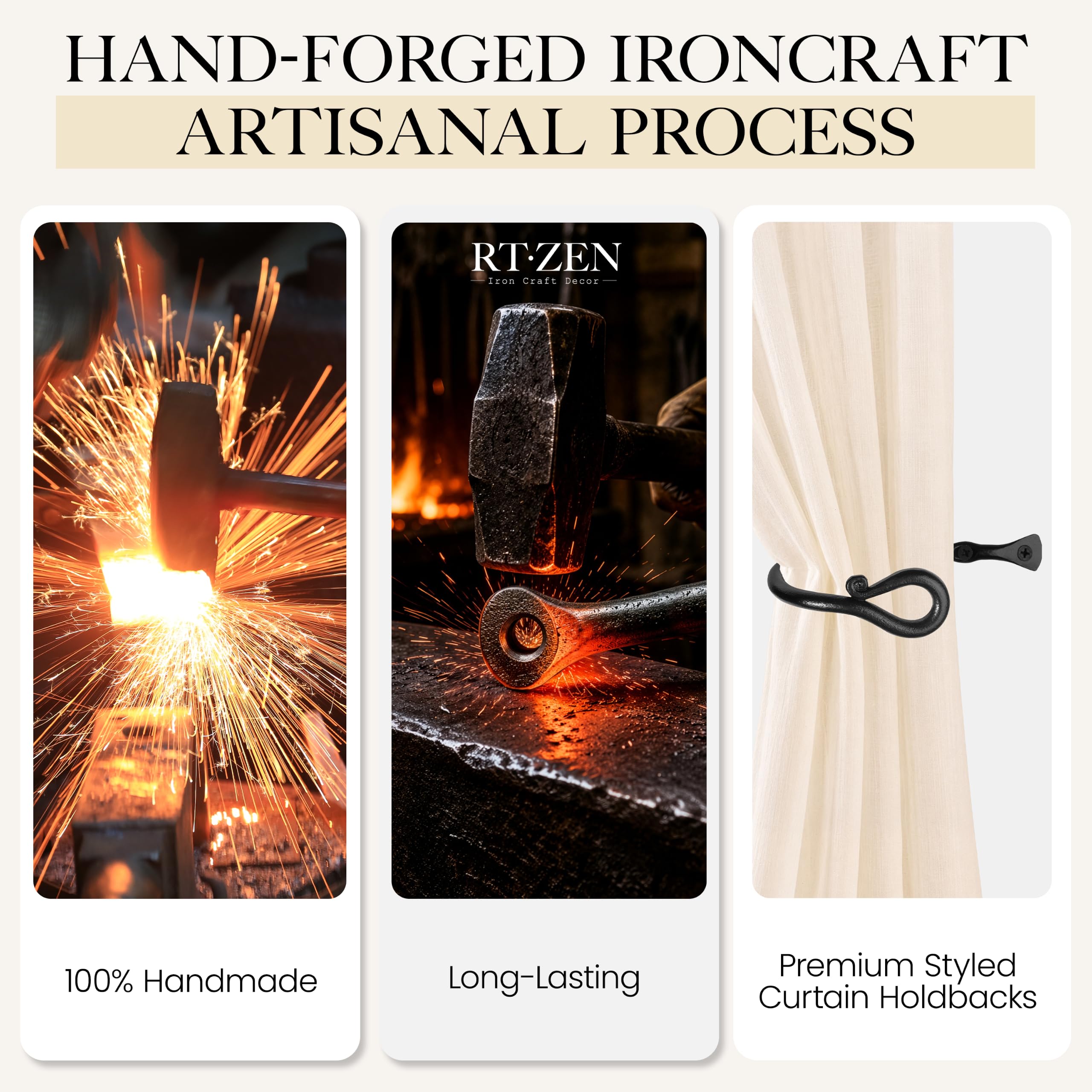 Black Loophole Curtain Holdbacks, Hand-Forged Wrought Iron Tiebacks - Image 3
