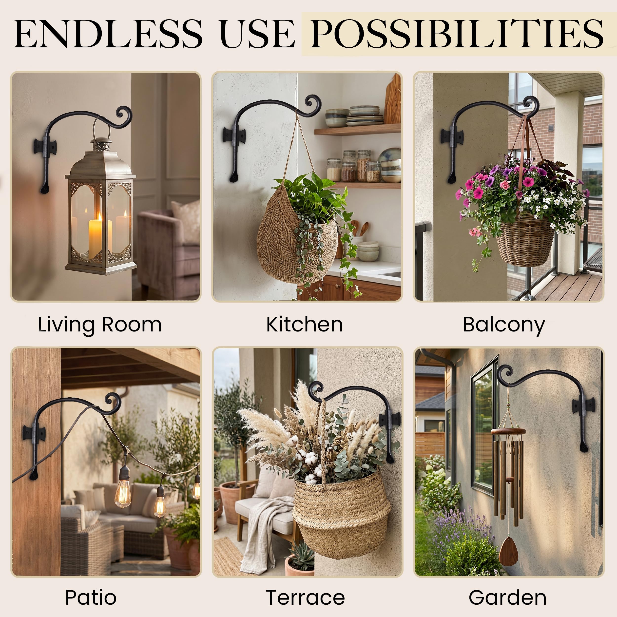 Black Curved Hooks 12" Wrought Iron Wall Mounted Plant Hanger 2 Pack - Image 6