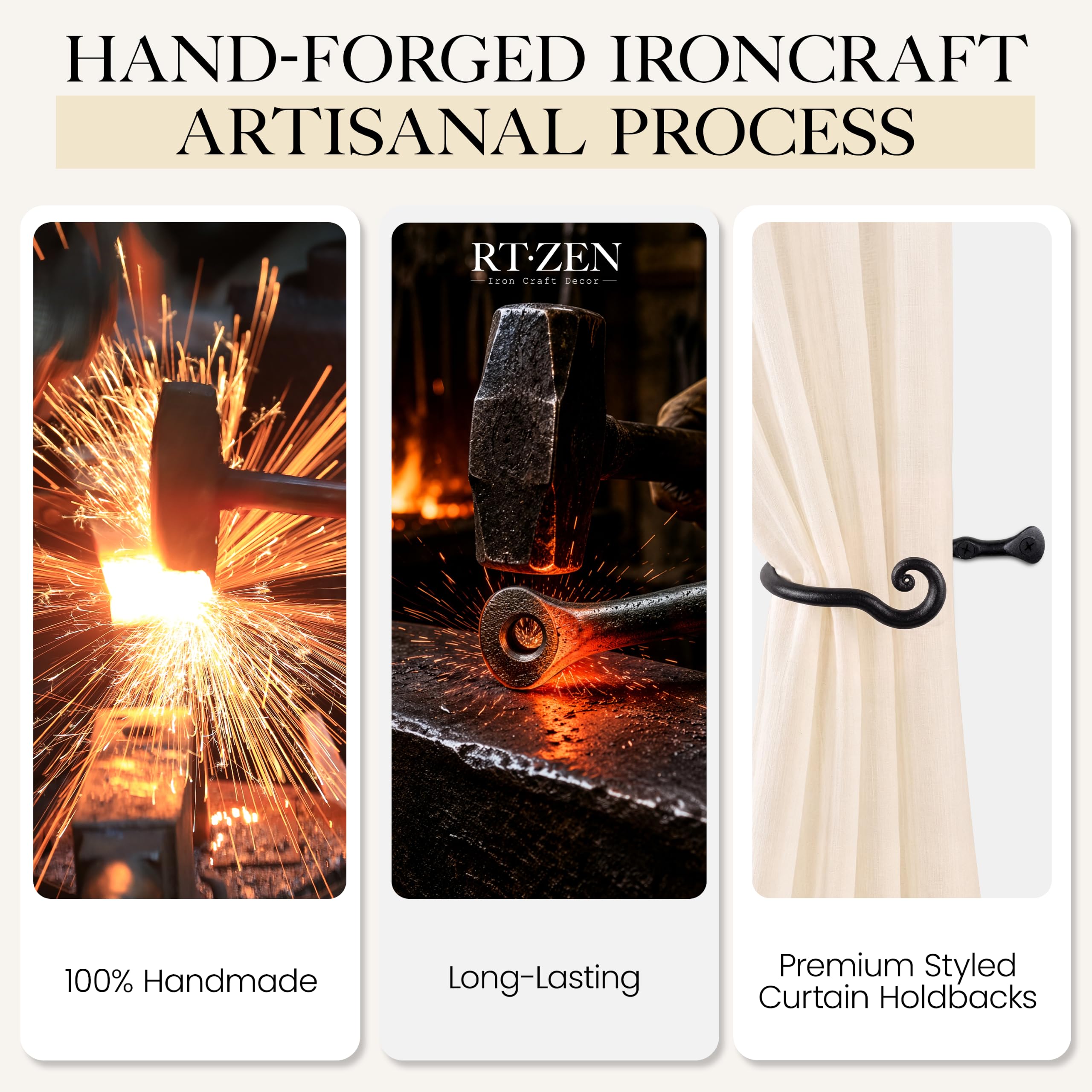 Black Classic Curtain Holdbacks, Hand-Forged Wrought Iron Tiebacks - Image 3