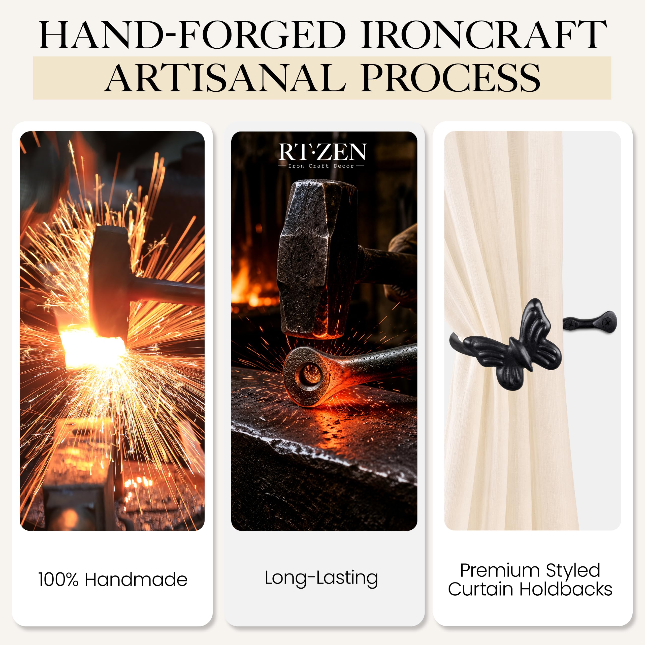 Black Butterfly Curtain Holdbacks, Hand-Forged Wrought Iron Tiebacks - Image 3