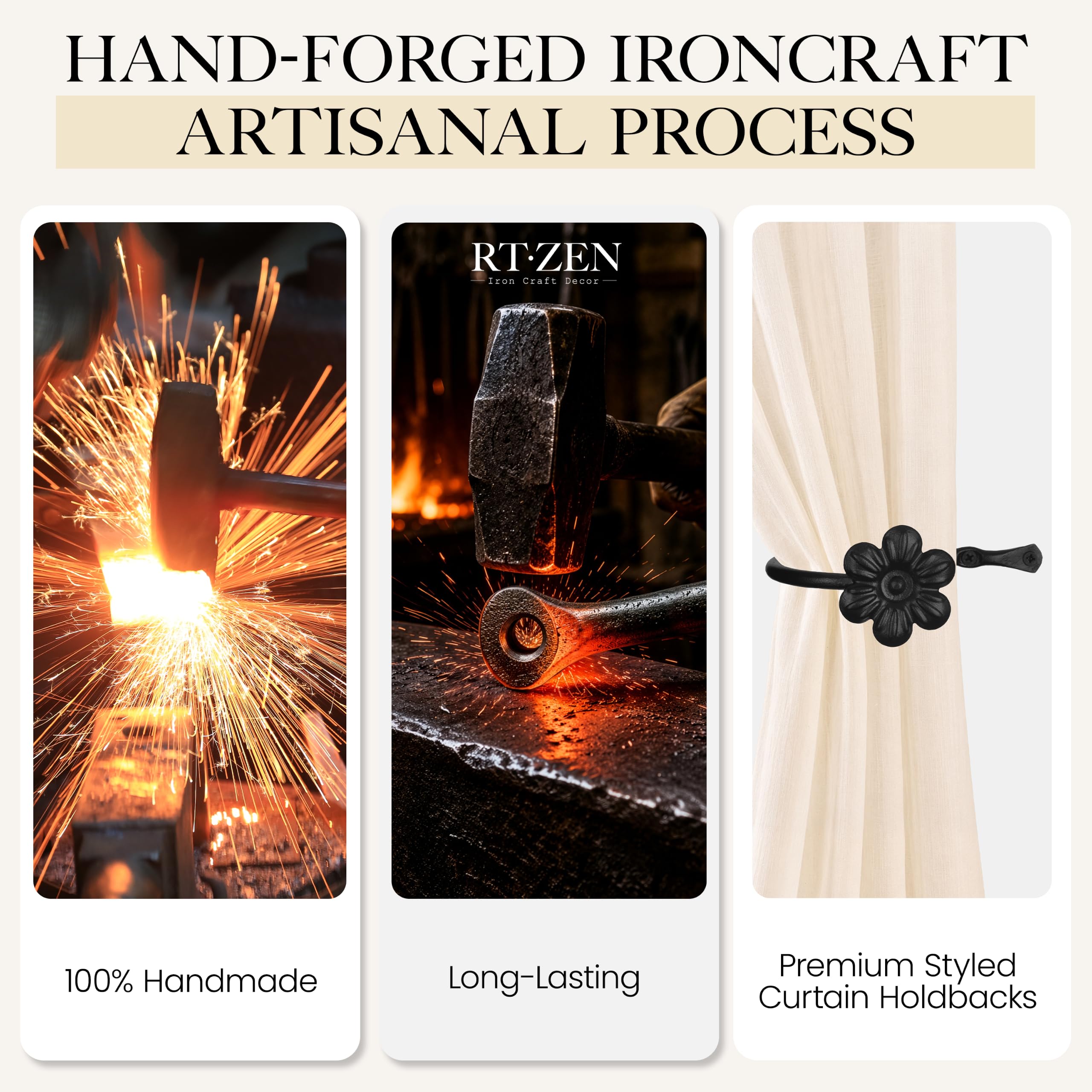 Black Flower Curtain Holdbacks, Hand-Forged Wrought Iron Tiebacks - Image 3