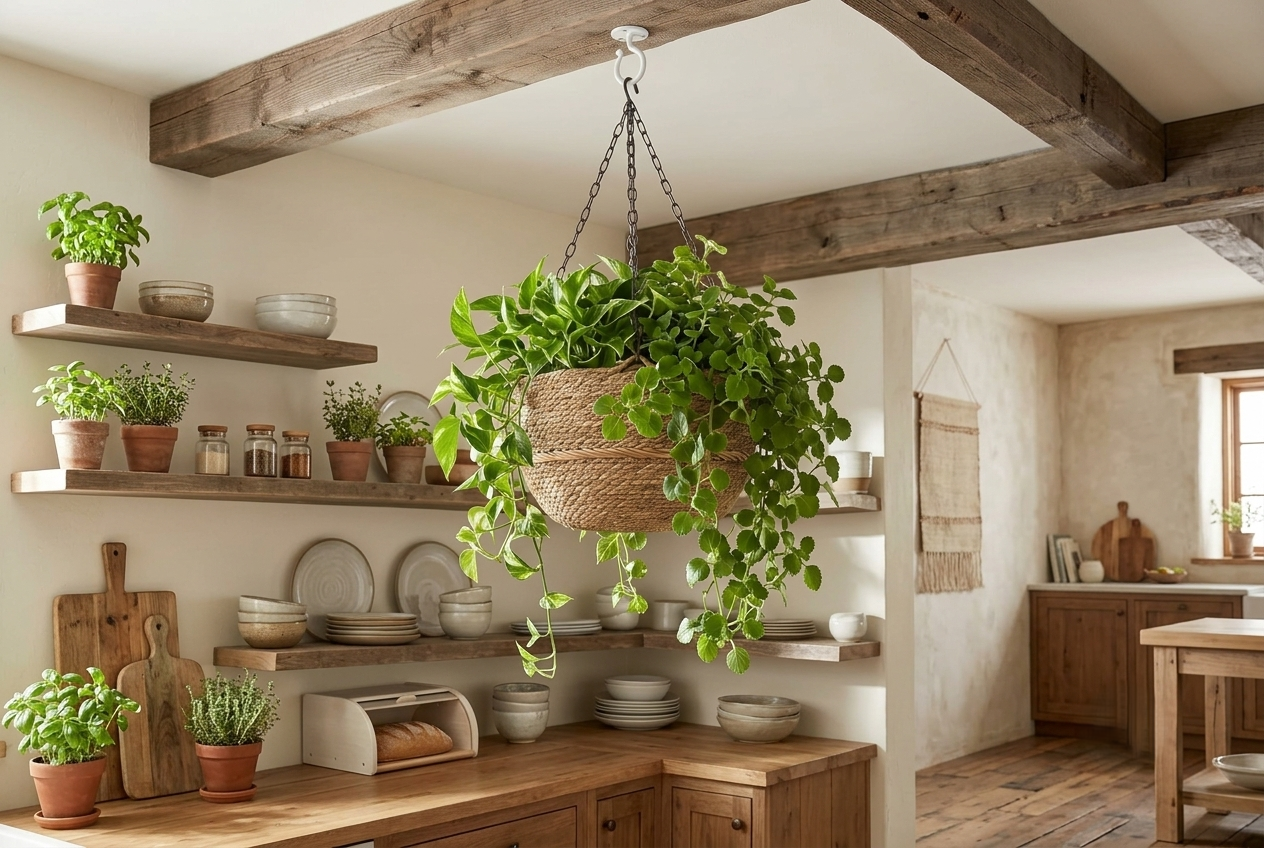 White wrought iron ceiling hook installed in a rustic kitchen with exposed wooden ceiling beams supporting a large hanging basket of lush green foliage.