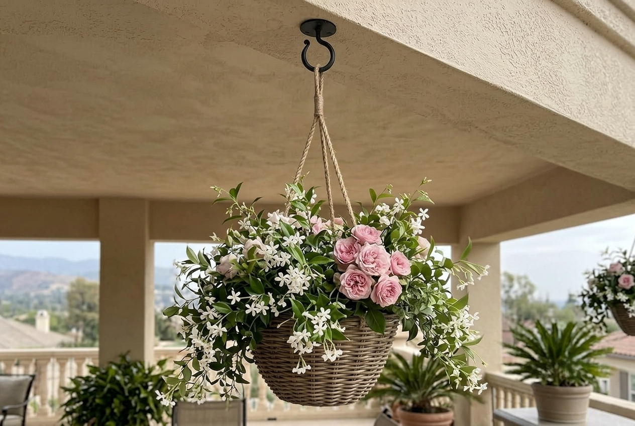 Ceiling hook on a covered outdoor patio suspending a woven basket filled with pink roses and white flowers