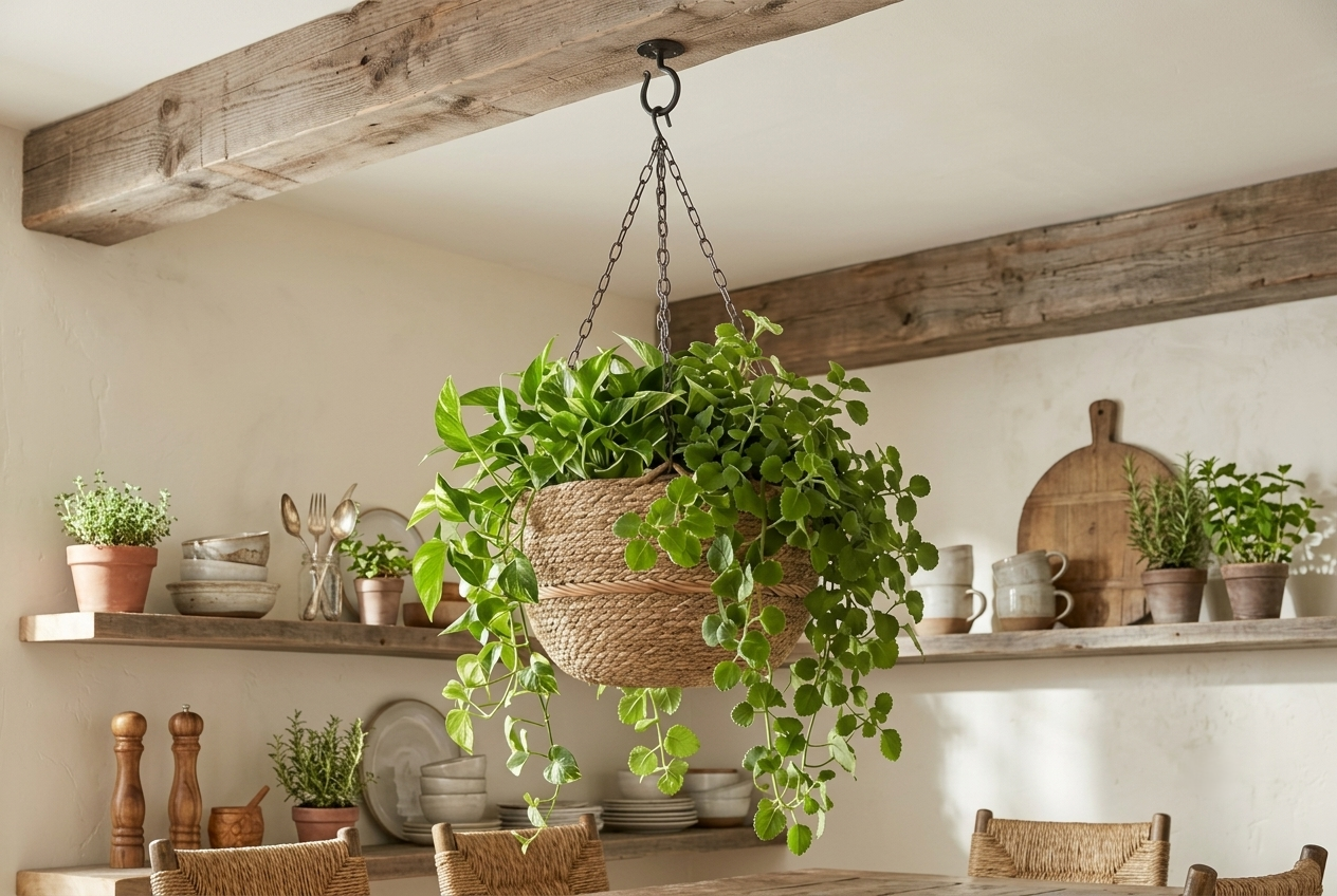 Swivel plant hanger ceiling hook suspending a woven basket filled with lush green plants from a rustic wooden beam above a dining table