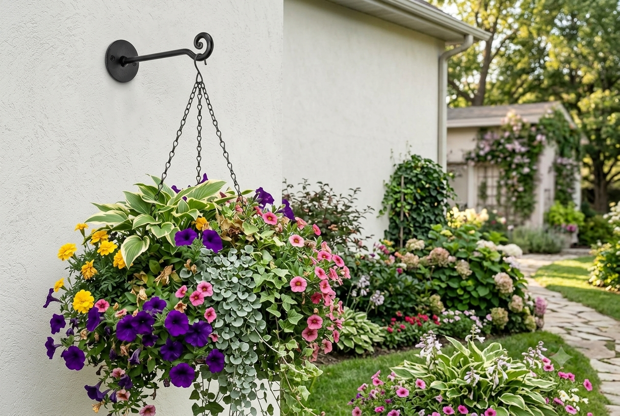Decorative black wrought-iron swirl bracket supporting a colorful flowering hanging basket against a white stucco exterior wall.