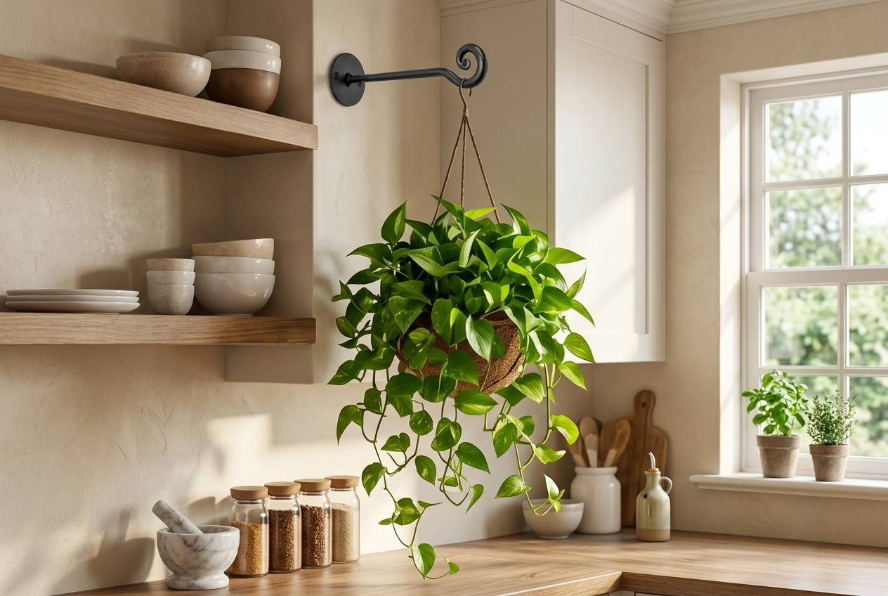 Black wrought iron swirl plant hanger bracket holding a pothos in a warm minimalist kitchen with floating wooden shelves