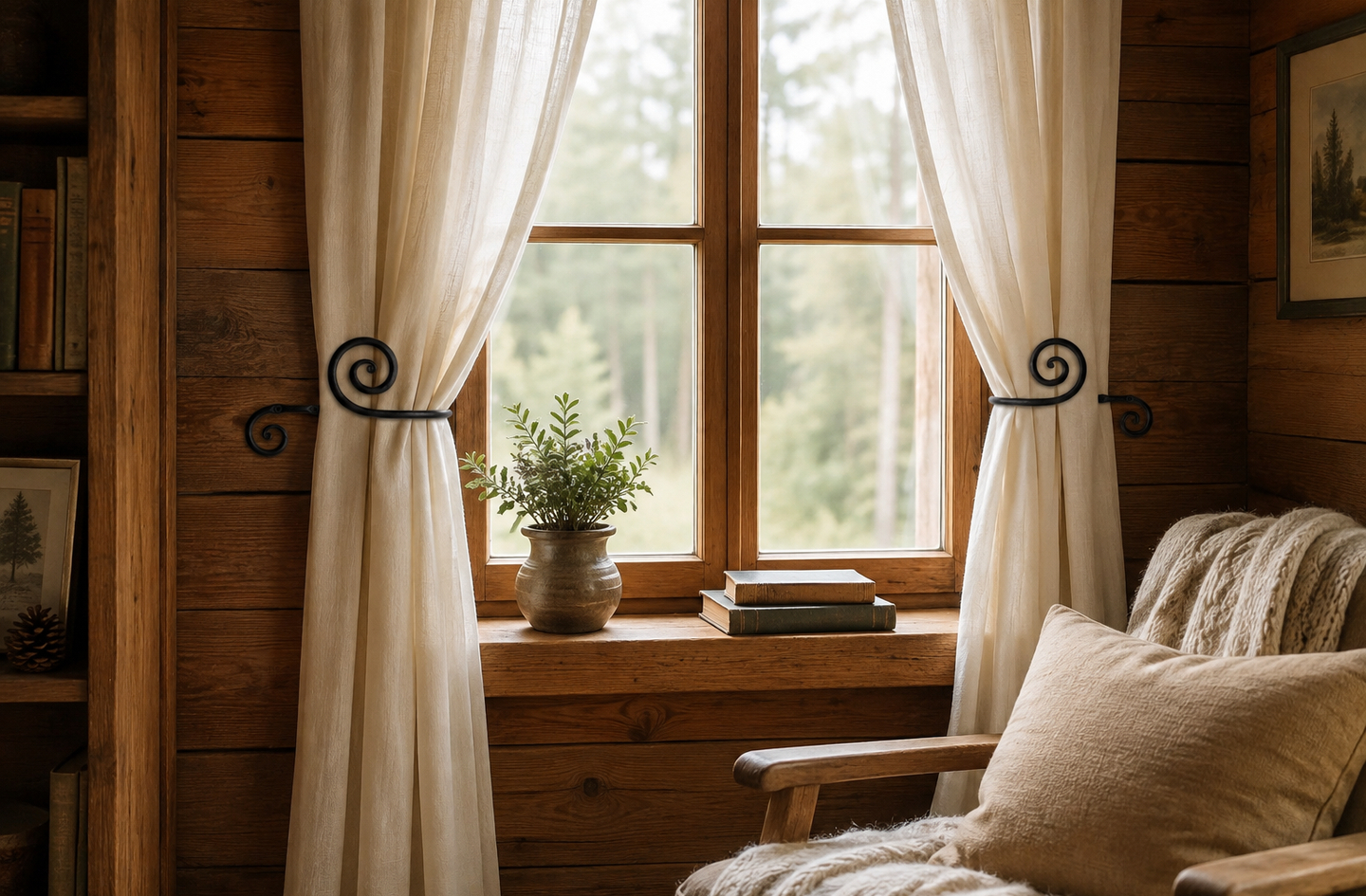 Black wrought iron swirly curtain holdbacks securing cream curtains at a log cabin window with forested outdoor view