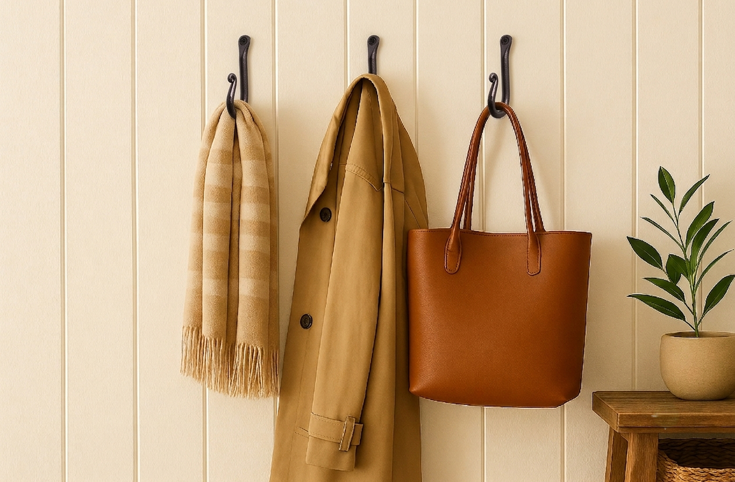 Three black wrought iron wall hooks on a cream-colored paneled wall holding a tan scarf, a trench coat, and a brown leather tote bag