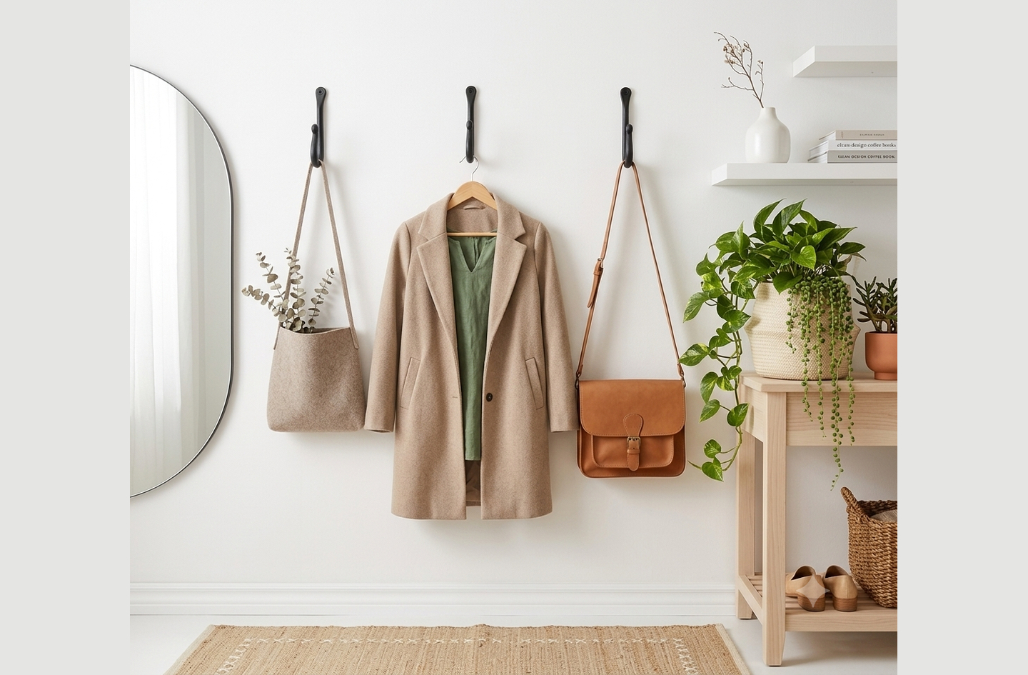 Heavy duty wall hooks holding a beige coat, tote bag, and crossbody bag in a minimalist entryway with console table and mirror