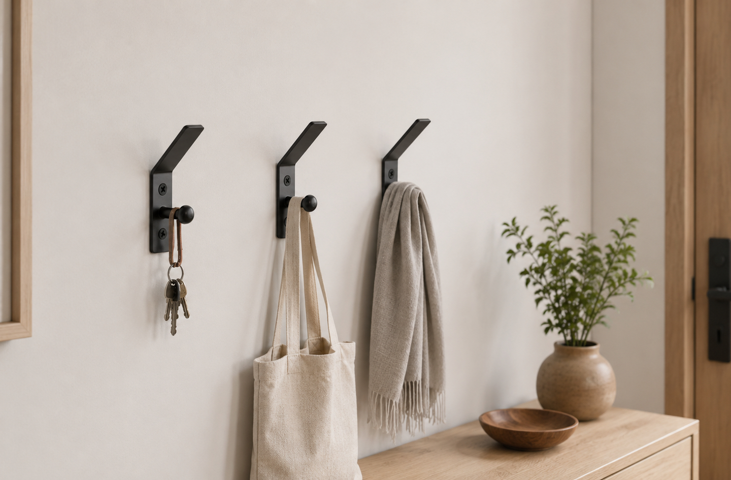 RTZEN heavy duty wall hooks set showing three double hammer-nail hooks on a wall holding a keys, shopper, and scarf