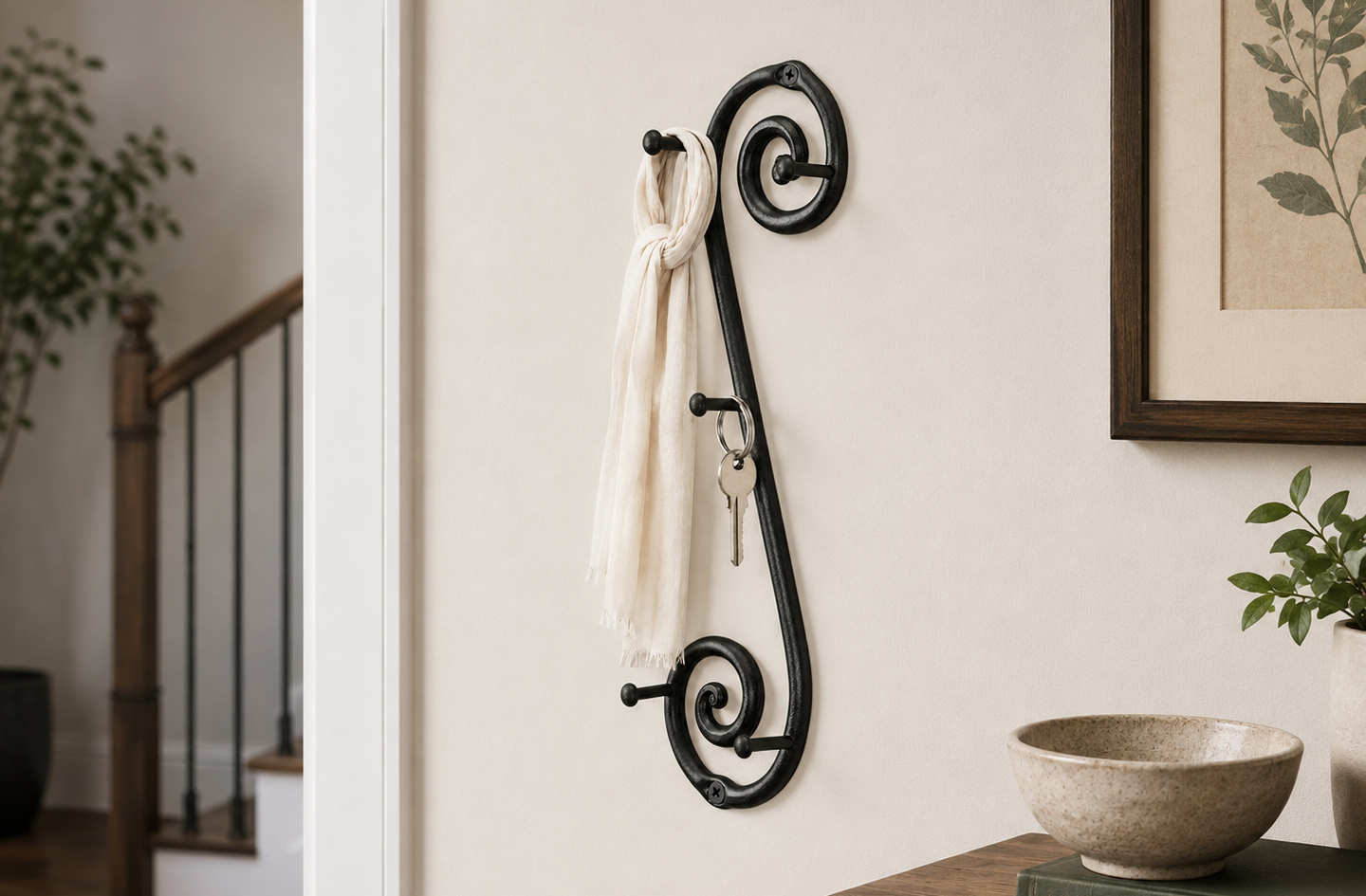 RTZEN black wrought iron wall-mounted vertical key holder with decorative scrollwork
