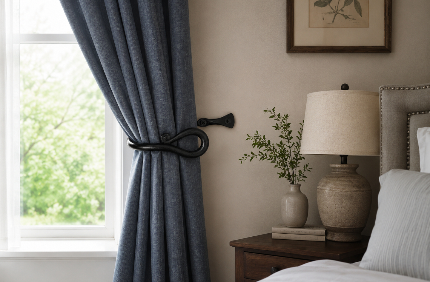 A textured blue curtain pulled back by a black wrought-iron curtain holdback next to a sunlit window, showing clearance between the gathered fabric and the window frame