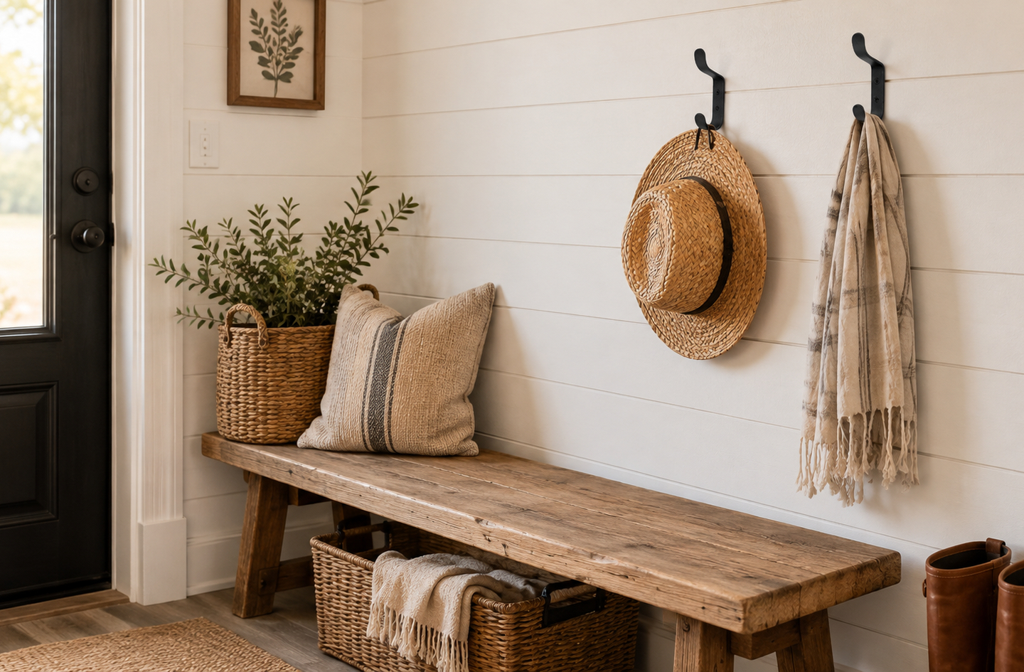 Wrought iron wall hooks mounted on a shiplap entryway wall, one holding a straw hat and the other a neutral throw blanket, with a wooden bench and leather boots below