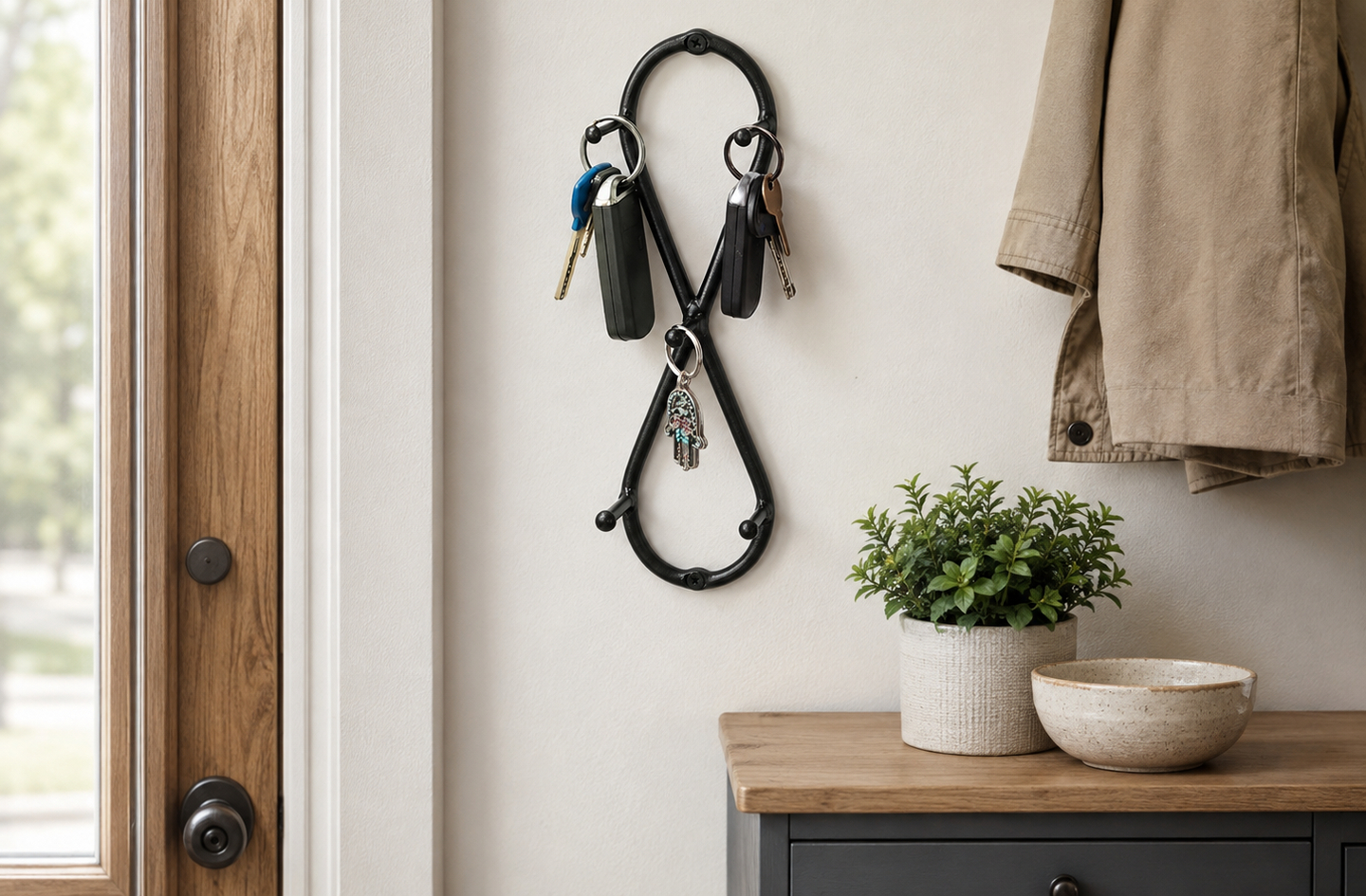Black infinity-shaped wrought iron key holder mounted on a white wall beside a door, displaying several sets of keys