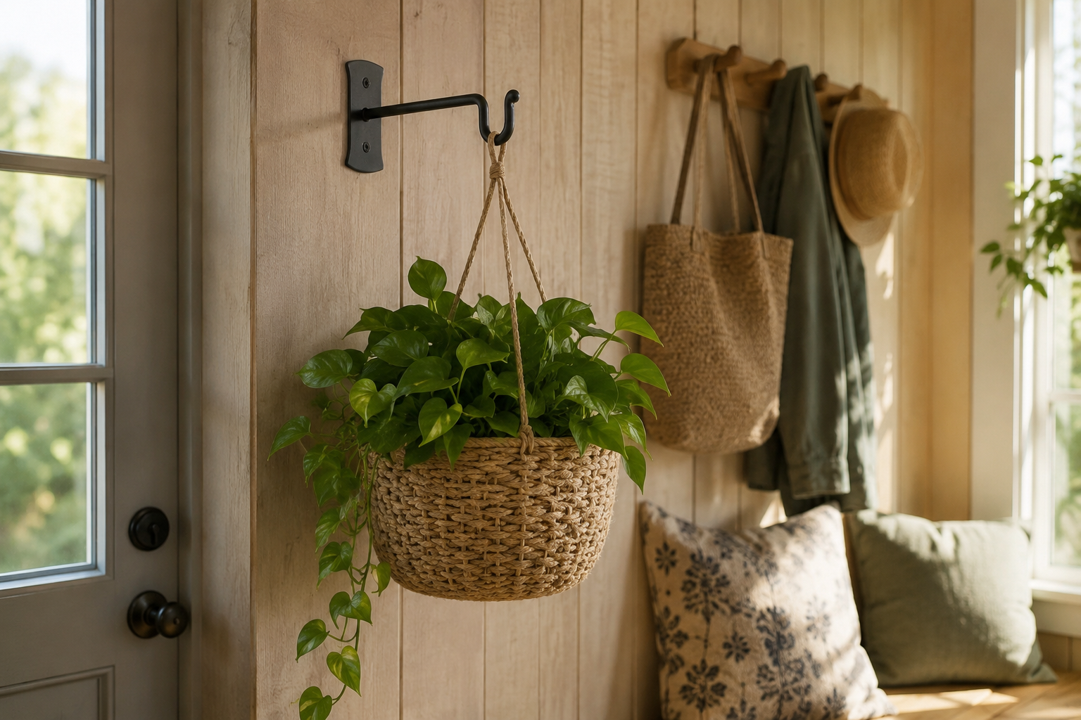 Black metal wall bracket shepherd hook suspending a woven hanging basket with a lush green pothos plant indoors against a neutral wall