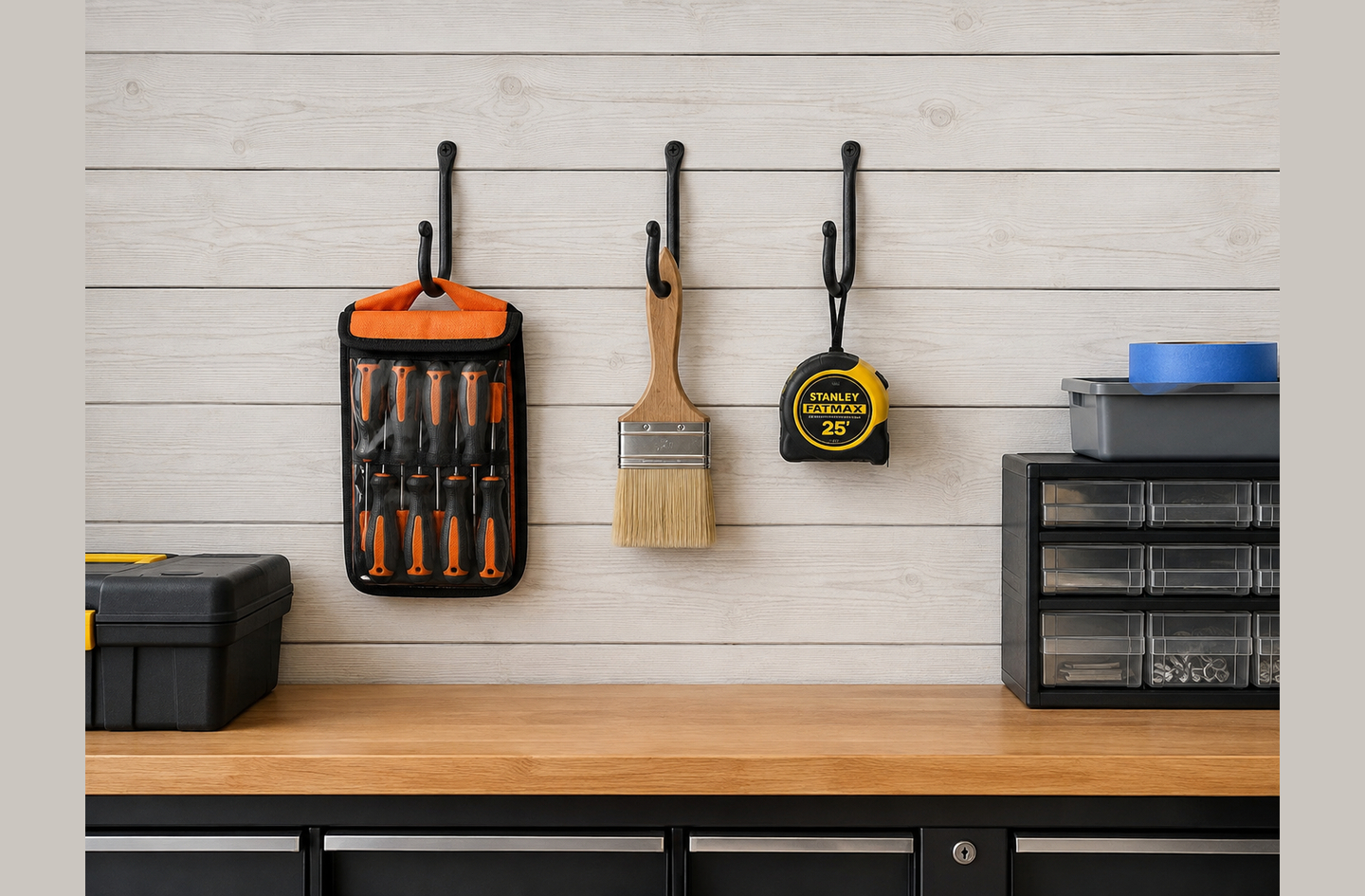 Three heavy duty garage hooks mounted on a white wood-paneled wall above a workbench, holding a screwdriver tool roll, paintbrush, and tape measure