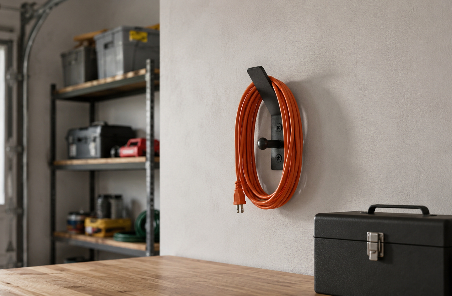 A wrought iron double hook mounted on a light-colored garage wall, holding a coiled orange extension cord next to a wooden workbench and metal shelving unit