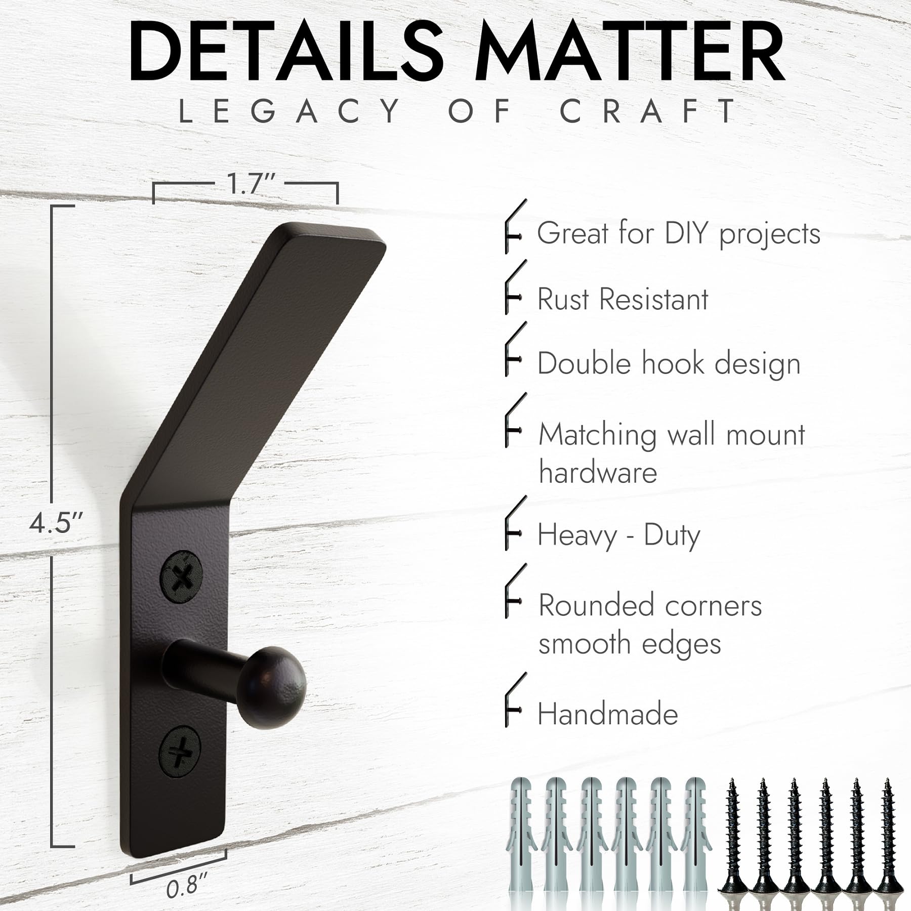 Black Double Hammer Nail Wrought Iron Wall Hooks 3 Pack - Image 2