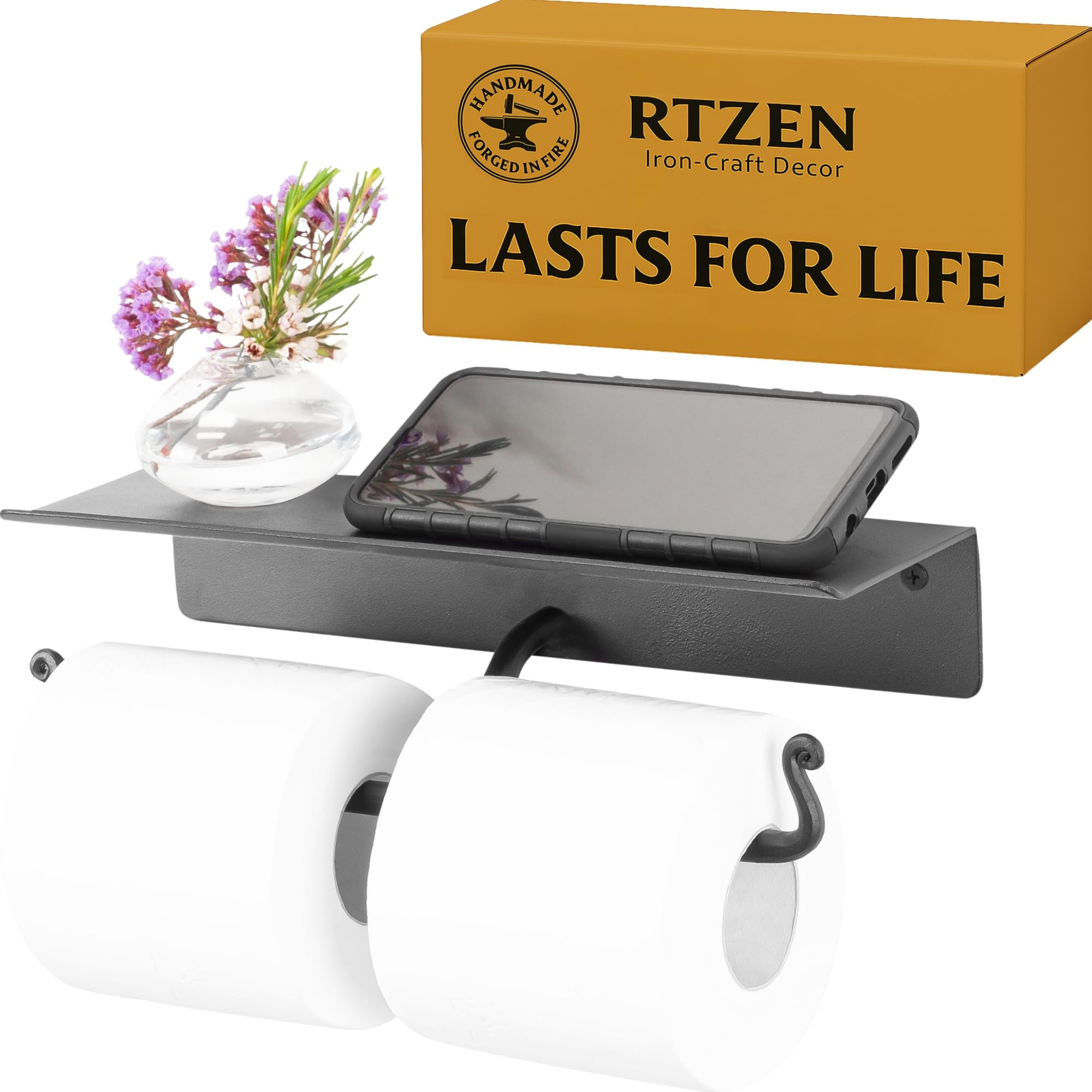 Black Double Wall Mounted Toilet Paper Holder with Shelf