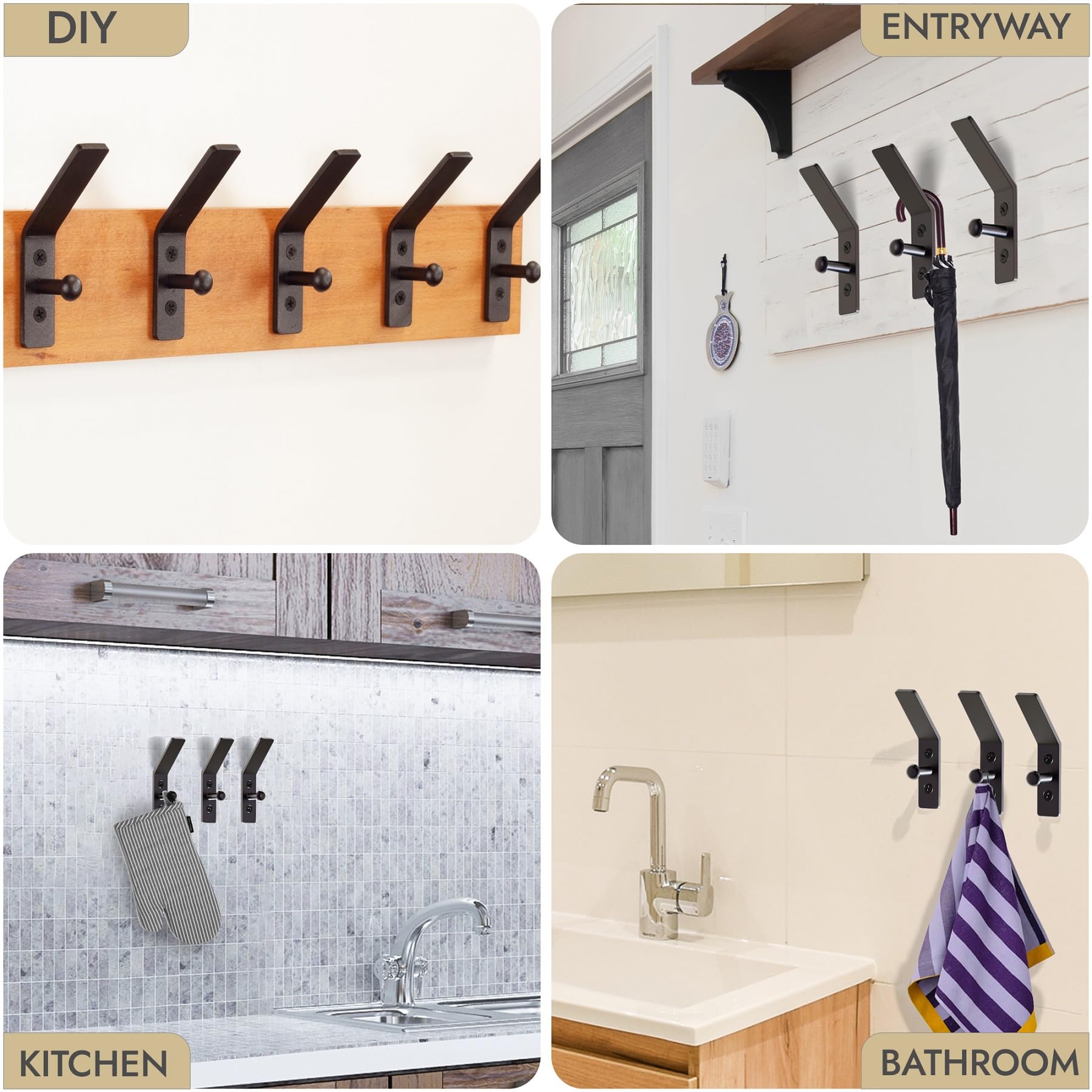 Black Double Hammer Nail Wrought Iron Wall Hooks 3 Pack - Image 5