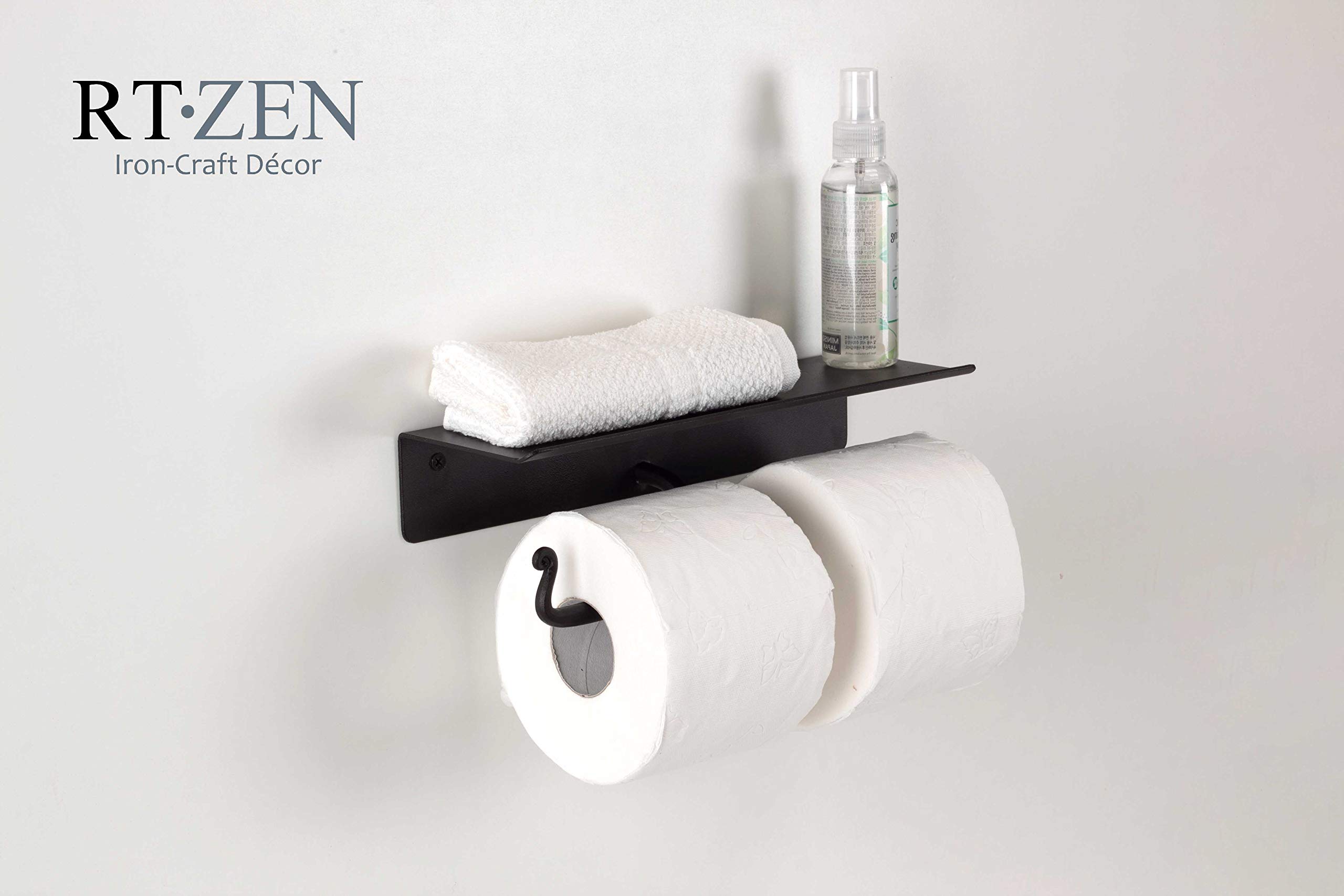 Black Double Wall Mounted Toilet Paper Holder with Shelf - Image 8