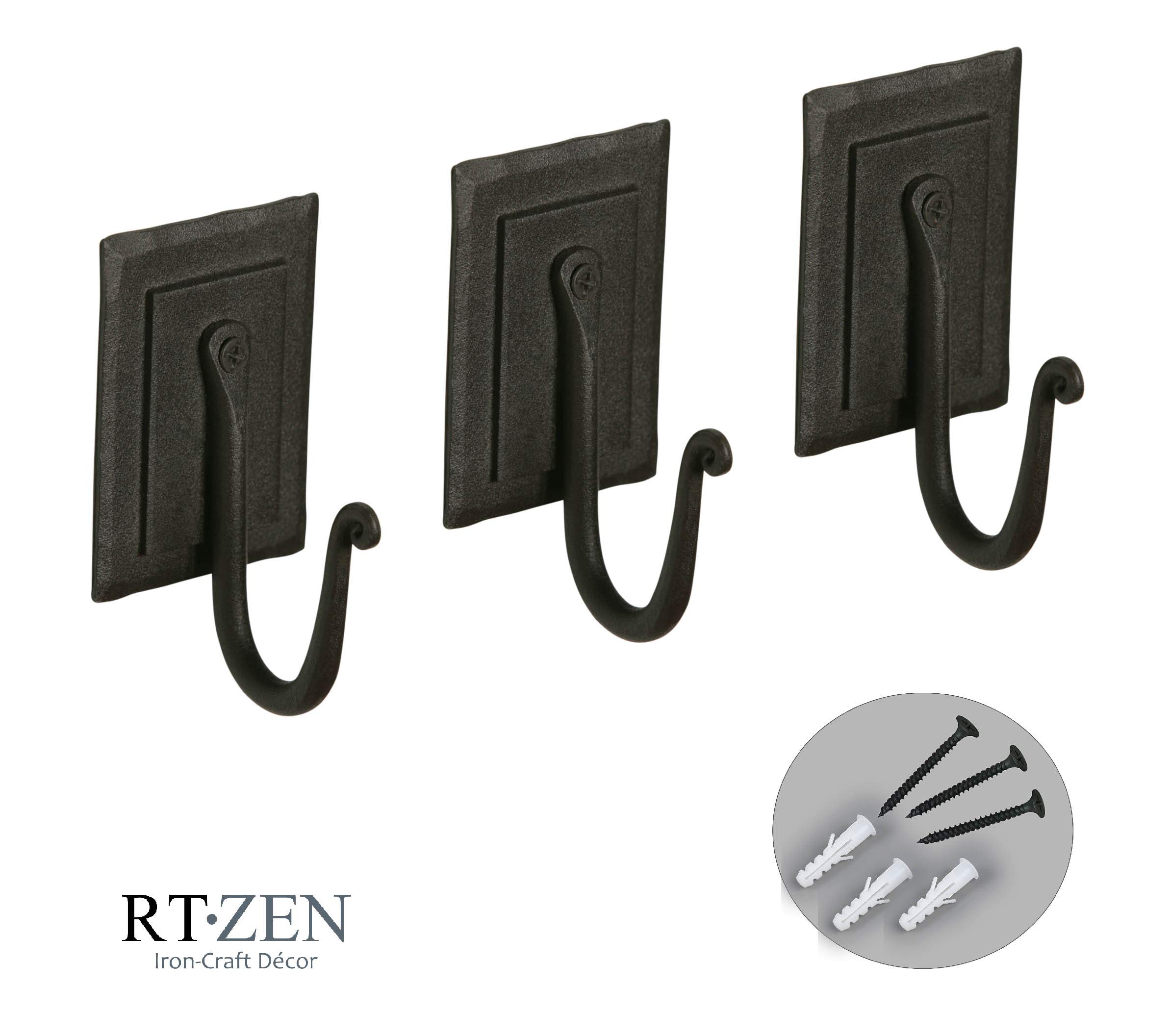 Black Double Plate Wrought Iron Wall Hooks 3 Pack - Image 3