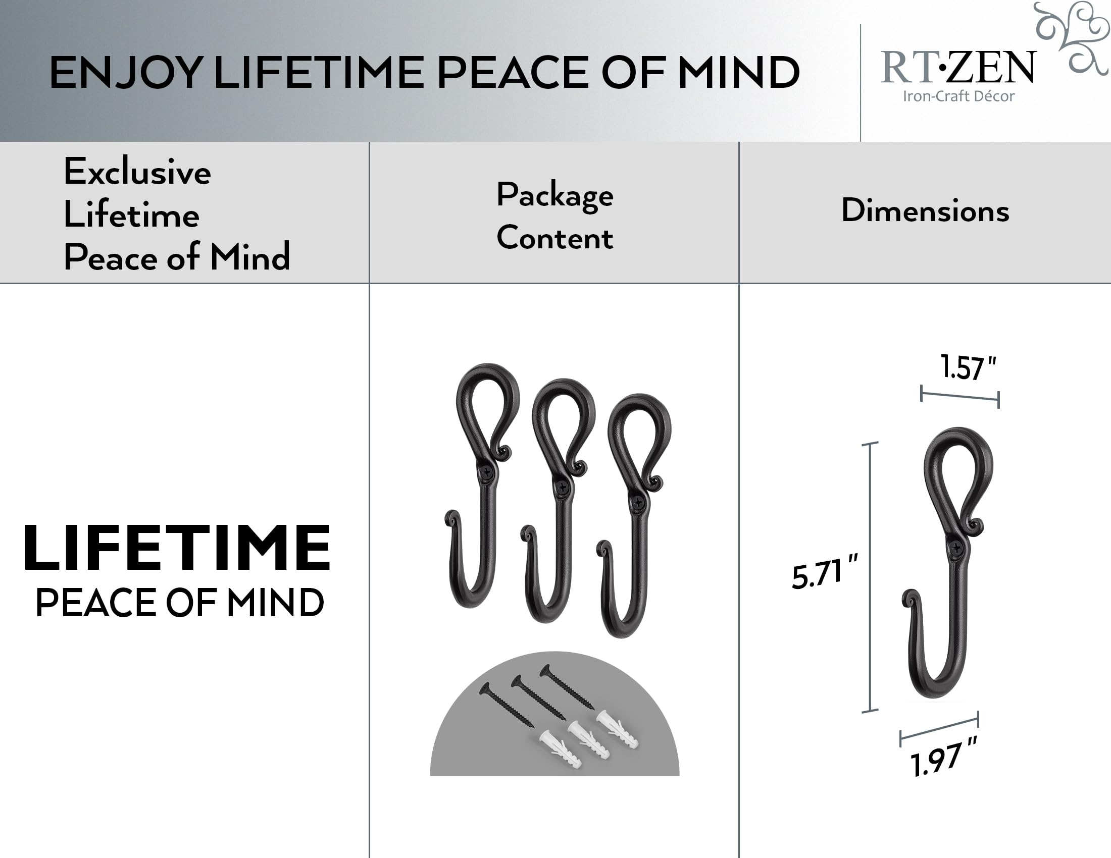 Black Loop Wrought Iron Wall Hooks 3 Pack - Image 4