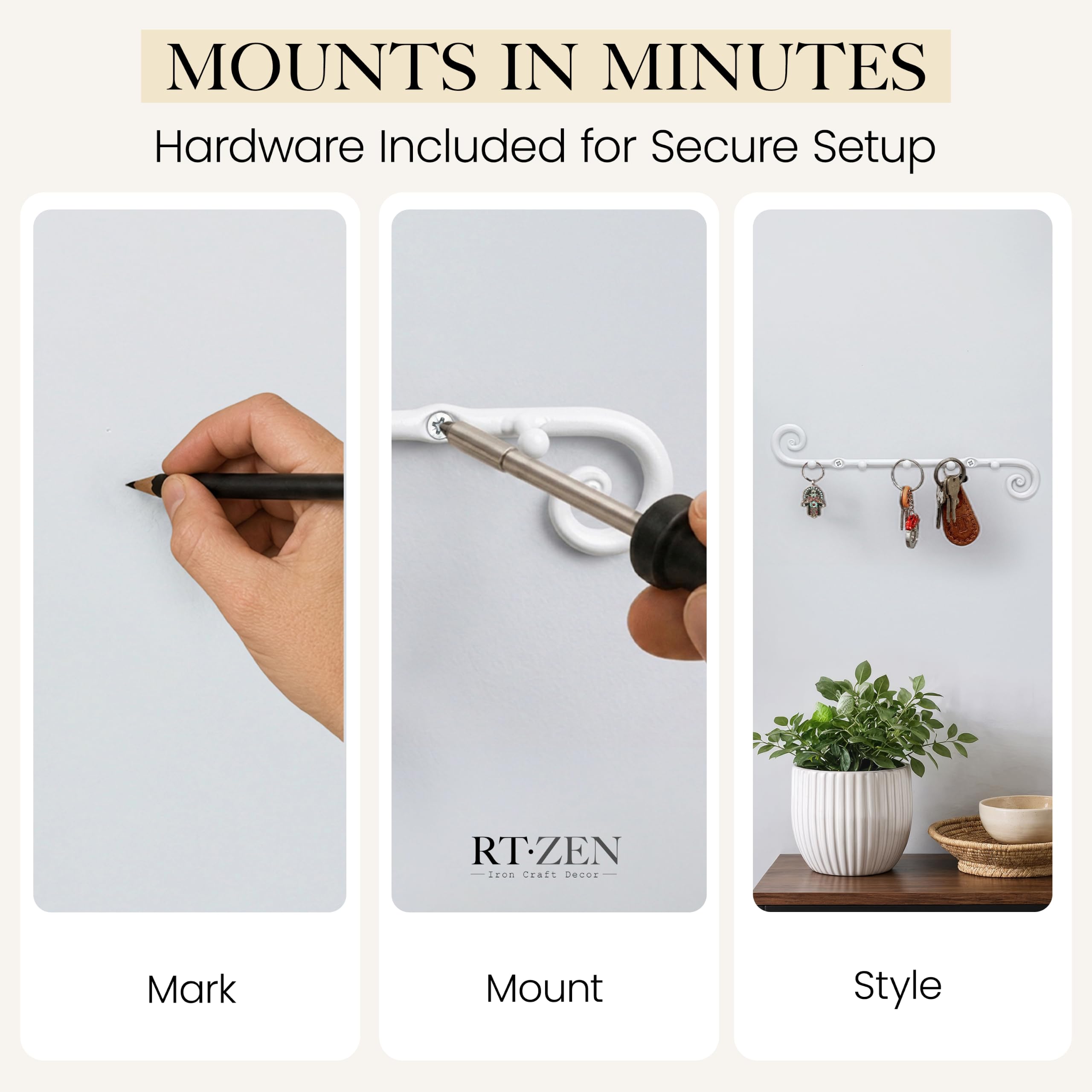 White Classic Wall Mounted Key Holder with 5 Hooks - Image 8
