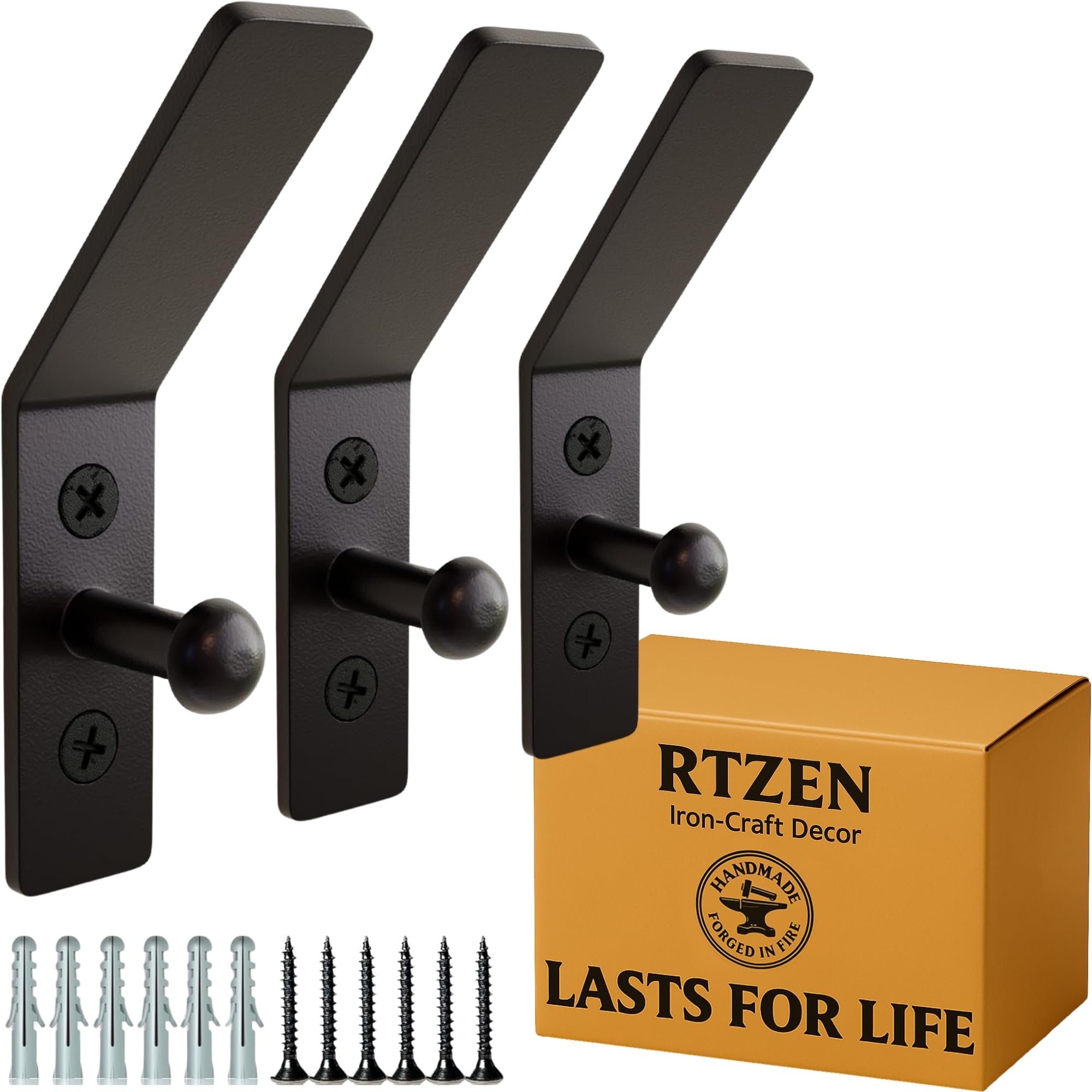 Black Double Hammer Nail Wrought Iron Wall Hooks 3 Pack