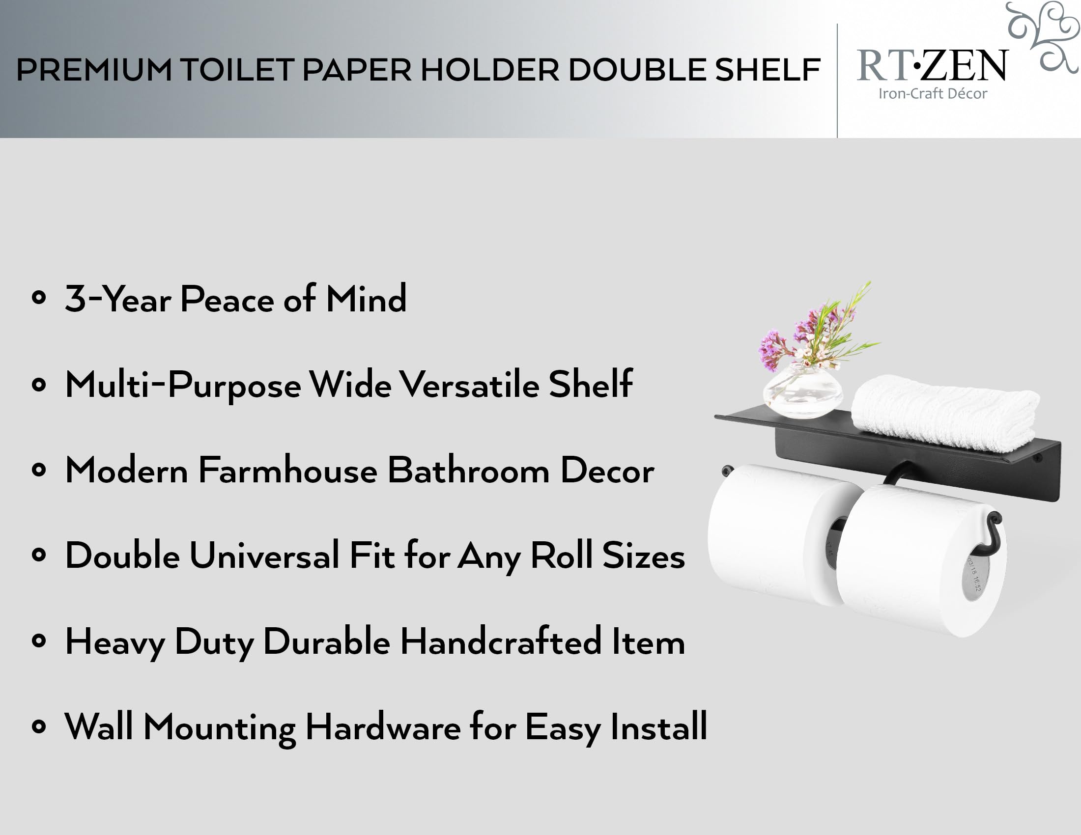 Black Double Wall Mounted Toilet Paper Holder with Shelf - Image 2